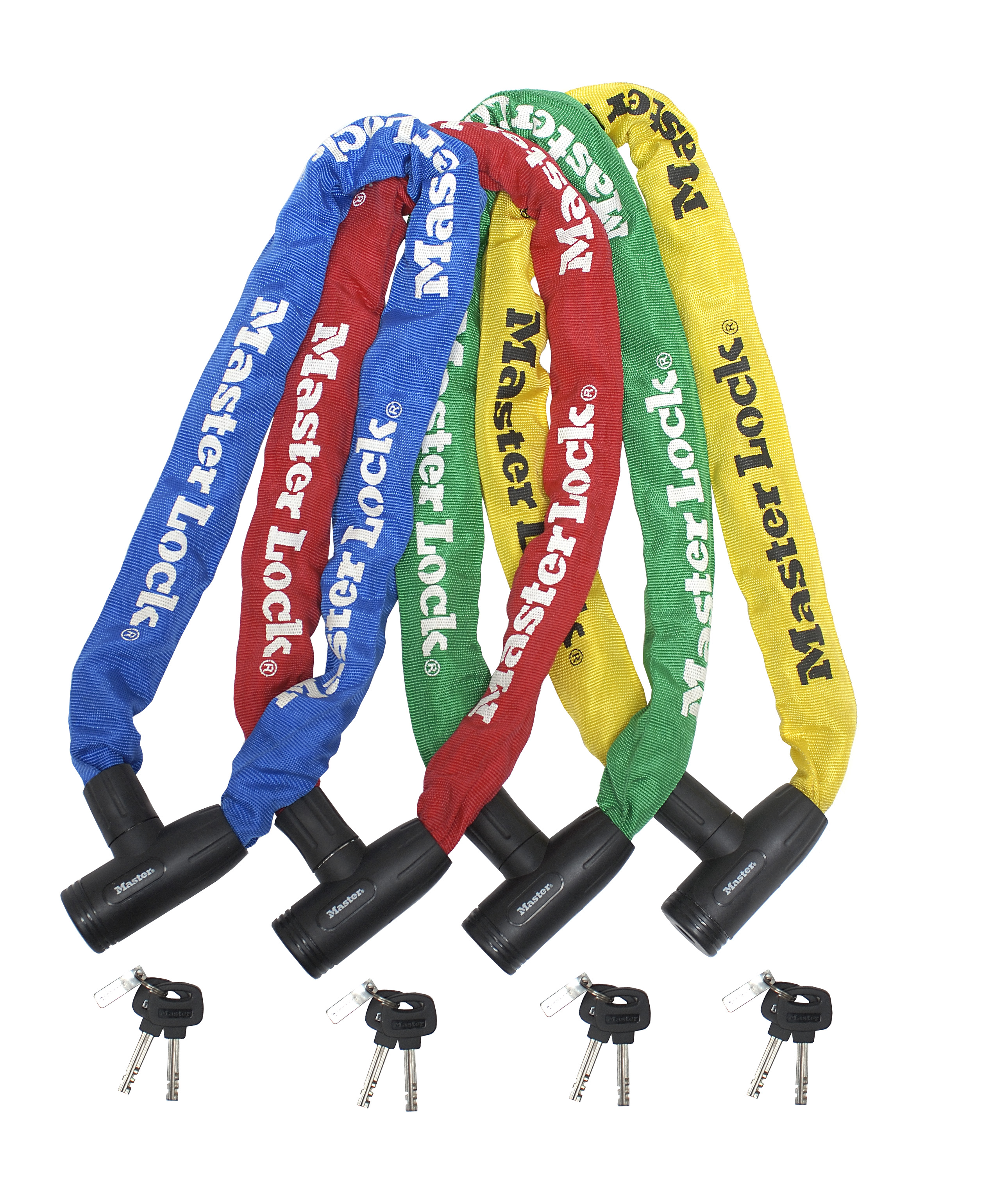 L'immagine mostra cinque catene Master Lock in blu, rosso, verde e giallo, con chiavi sotto. Sfondo bianco.