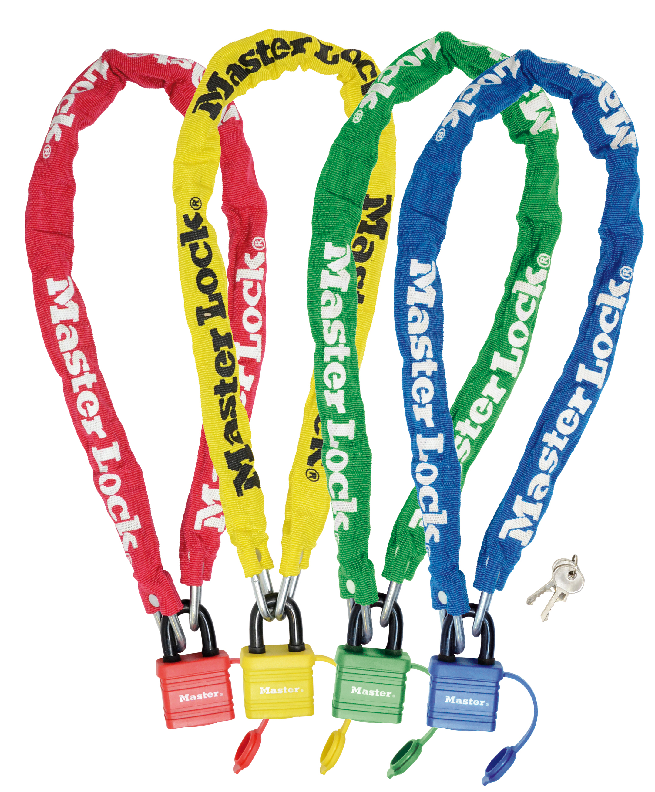 Quattro catene e lucchetti Master Lock colorati: rosso, giallo, verde e blu. Le chiavi sono accanto a quella blu.