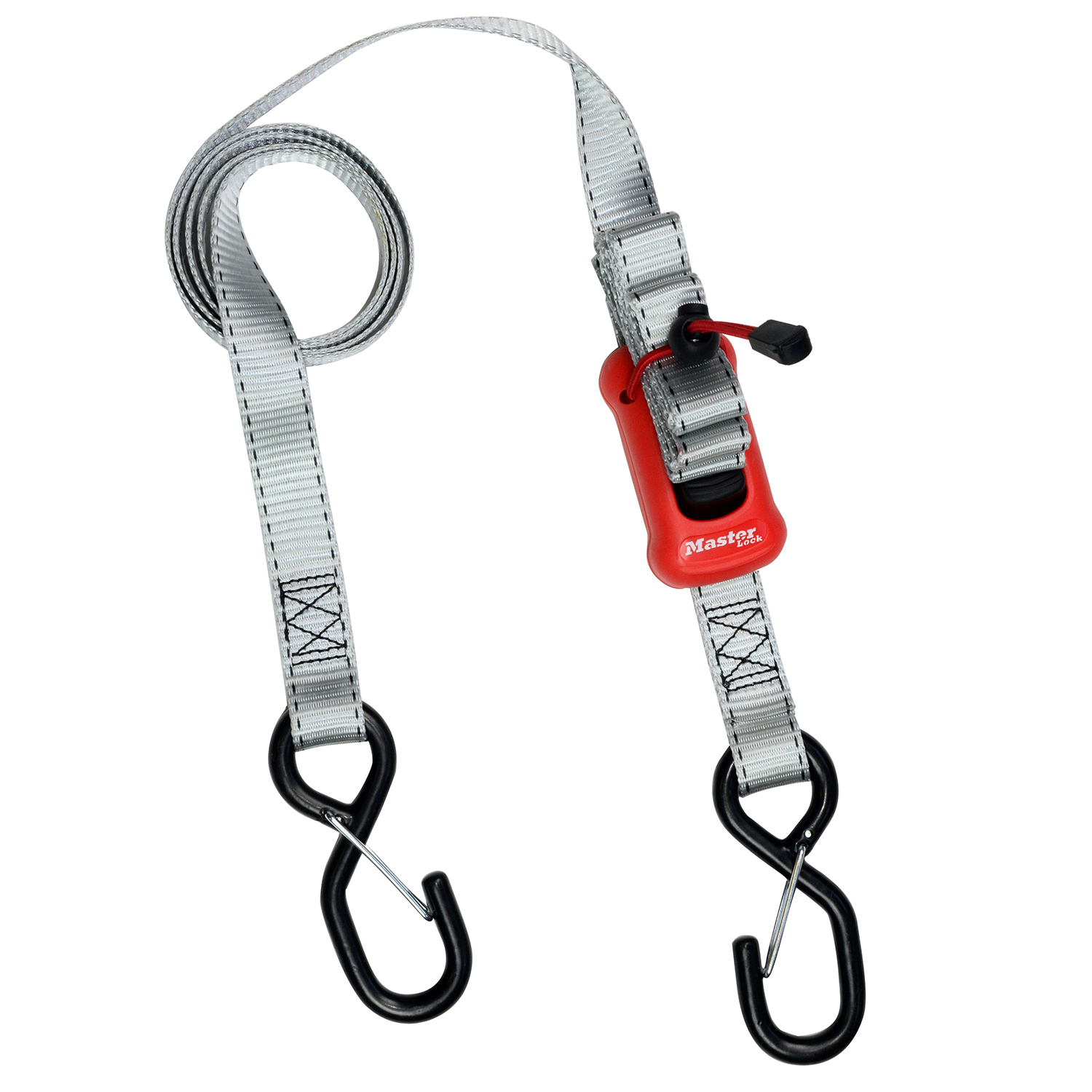 Una cinghia grigia con ganci neri e un fermaglio rosso Master Lock. La cinghia è arrotolata e pende su sfondo bianco.