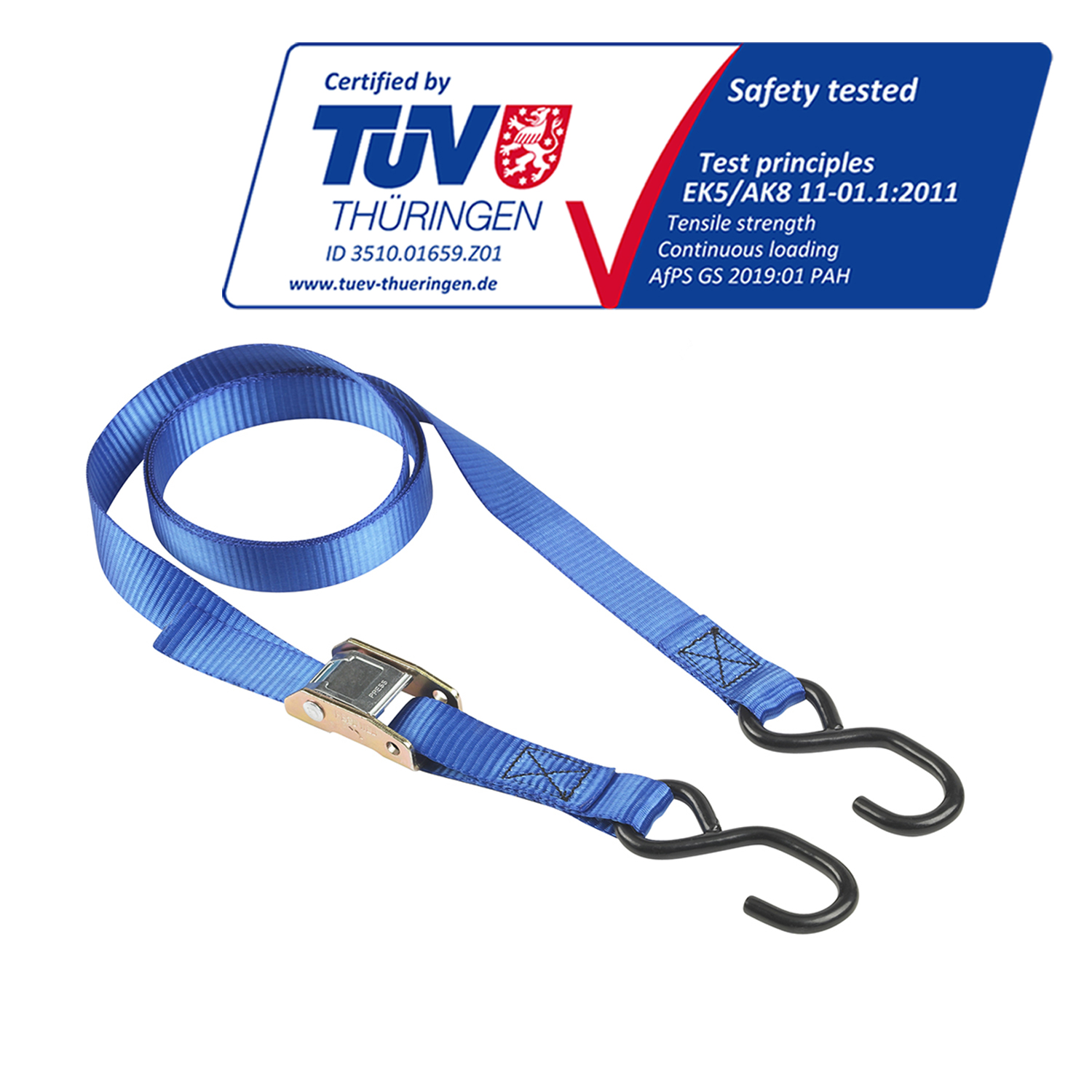 Cinturino blu con cricchetto con ganci neri, fibbia in metallo e logo di certificazione TUV. Sicurezza testata.