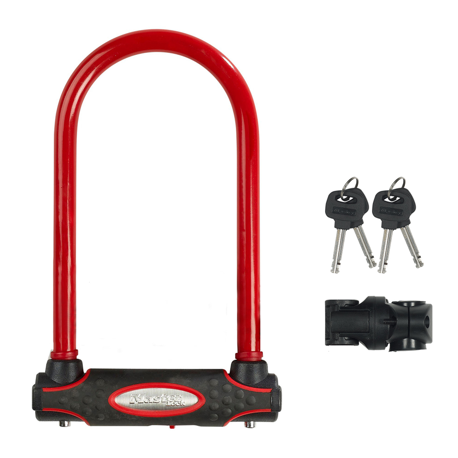 Lucchetto a U rosso con due chiavi e meccanismo di bloccaggio. Il lucchetto è nero e rosso con marchio Master Lock.