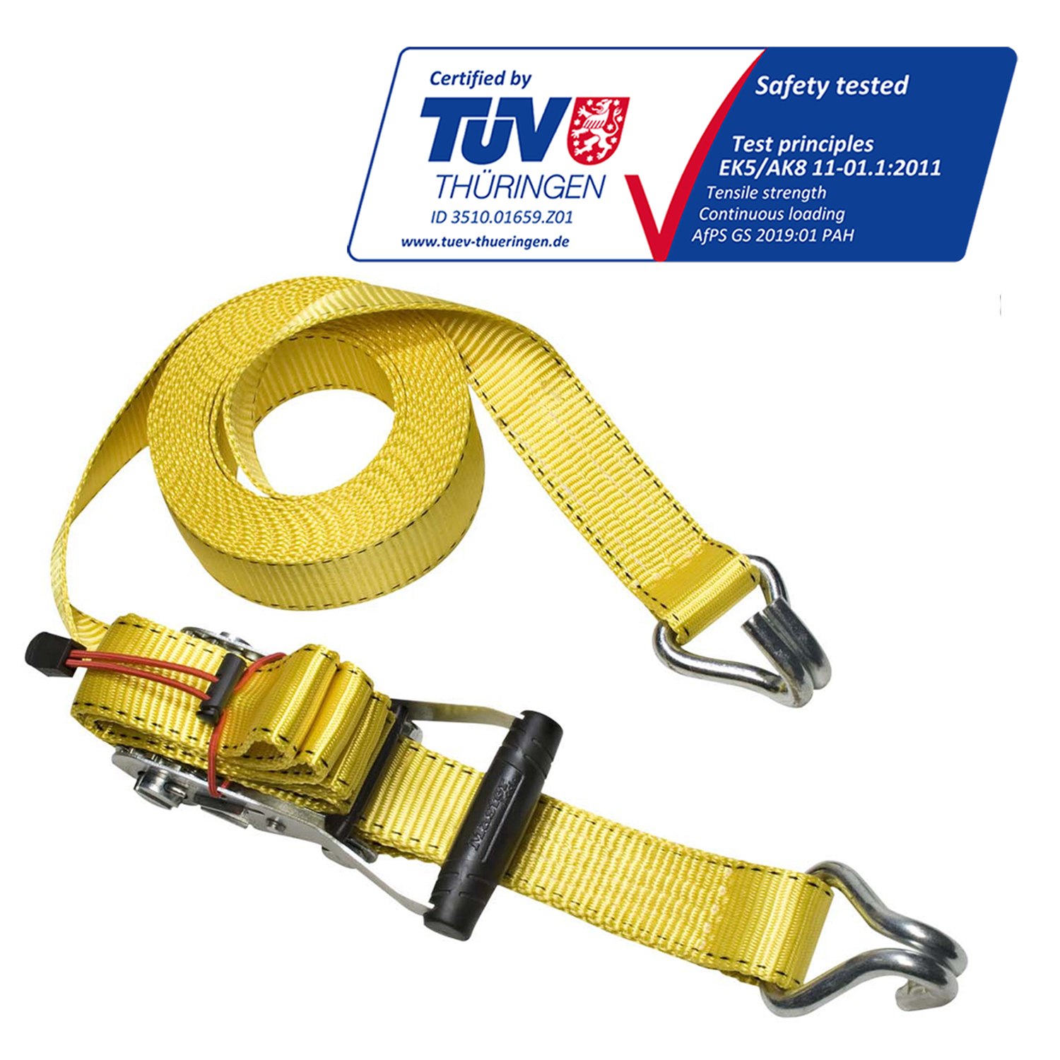 Una cinghia a cricchetto gialla con etichetta di certificazione TUV. La cinghia è arrotolata e ha ganci in metallo.