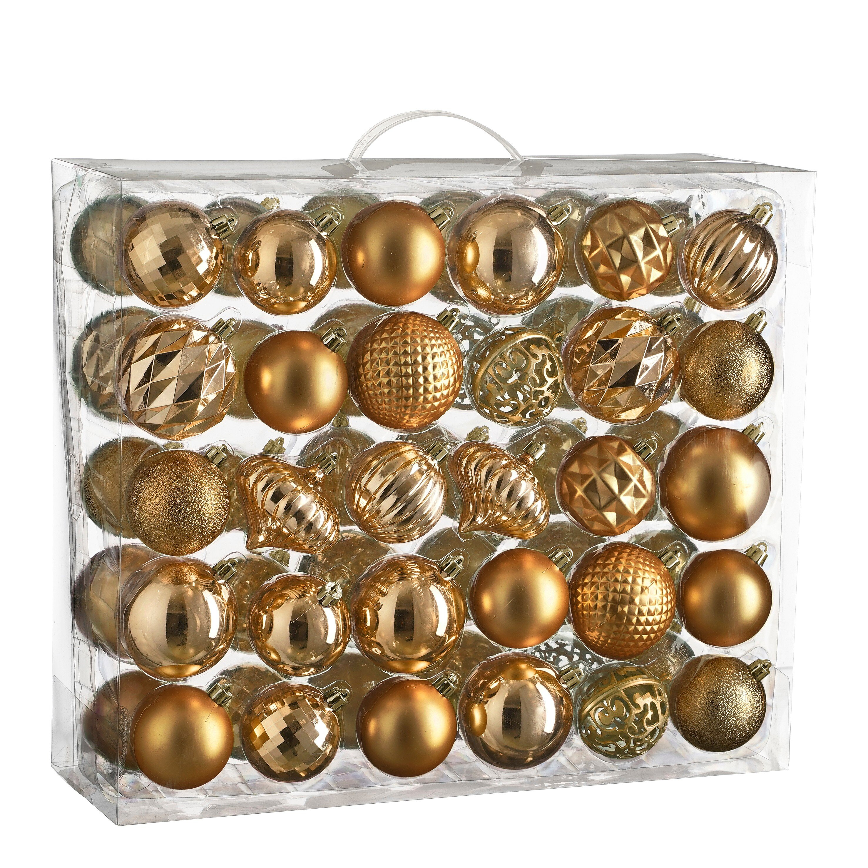 Een doorzichtige plastic doos bevat gouden kerstversieringen. Verschillende vormen en texturen zijn zichtbaar.