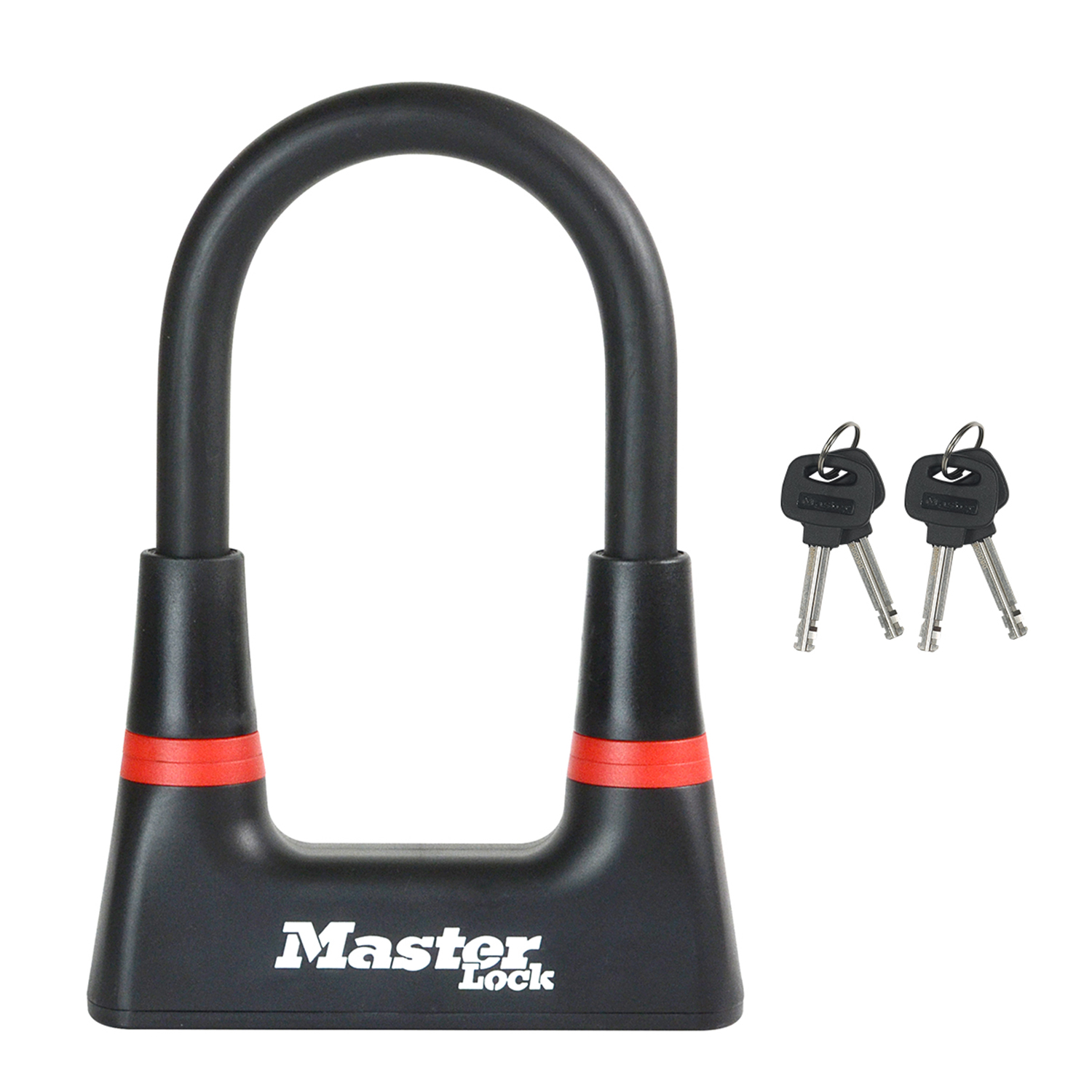 Un lucchetto Master Lock nero a forma di U con dettagli rossi e due chiavi su sfondo bianco.