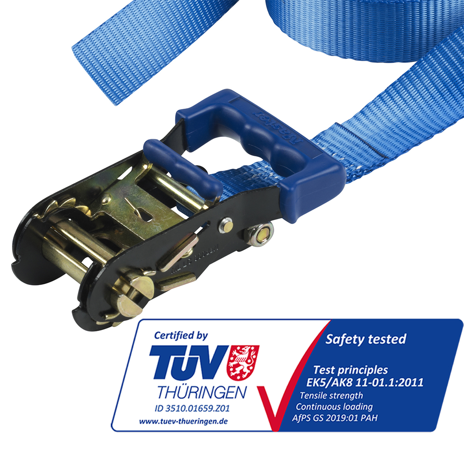Cinturino a cricchetto blu con manico blu e meccanismo in metallo, certificato da TUV Thüringen. Etichetta di sicurezza testata.