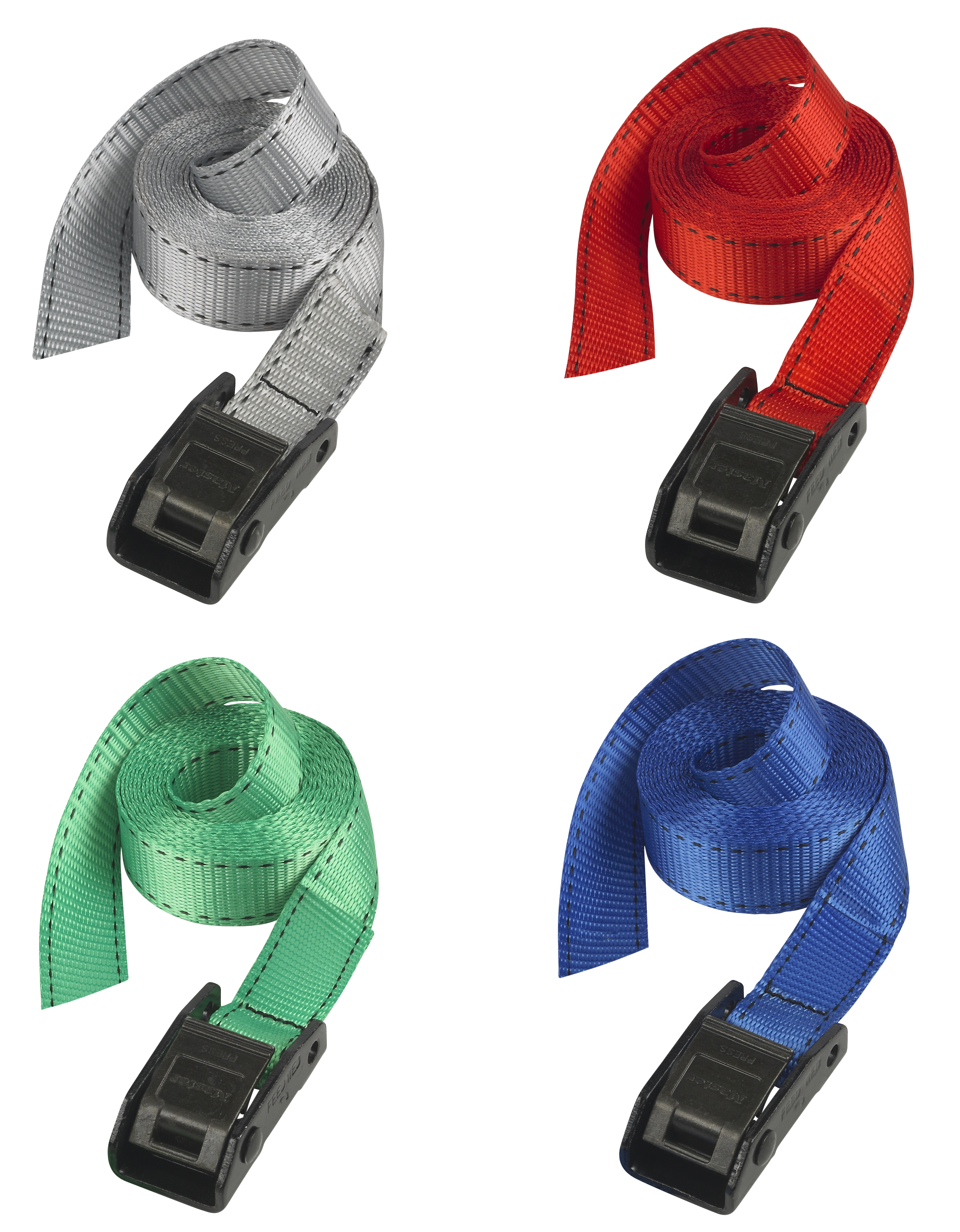 Quattro cinghie a cricchetto: grigio, rosso, verde e blu. Ognuna ha una fibbia nera ed è arrotolata.