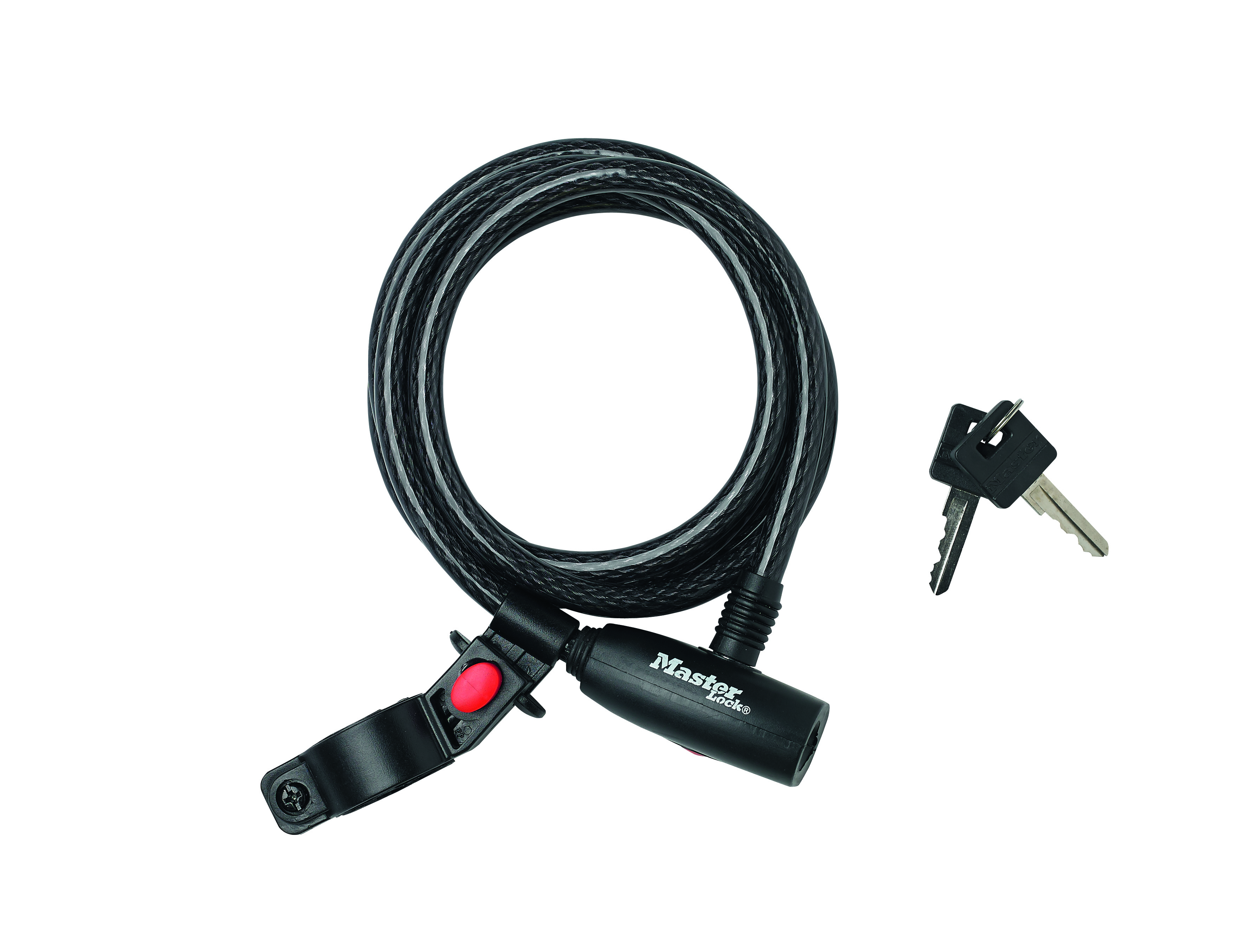 Lucchetto nero per bici con bottone rosso e due chiavi su sfondo bianco. Il lucchetto è a spirale.