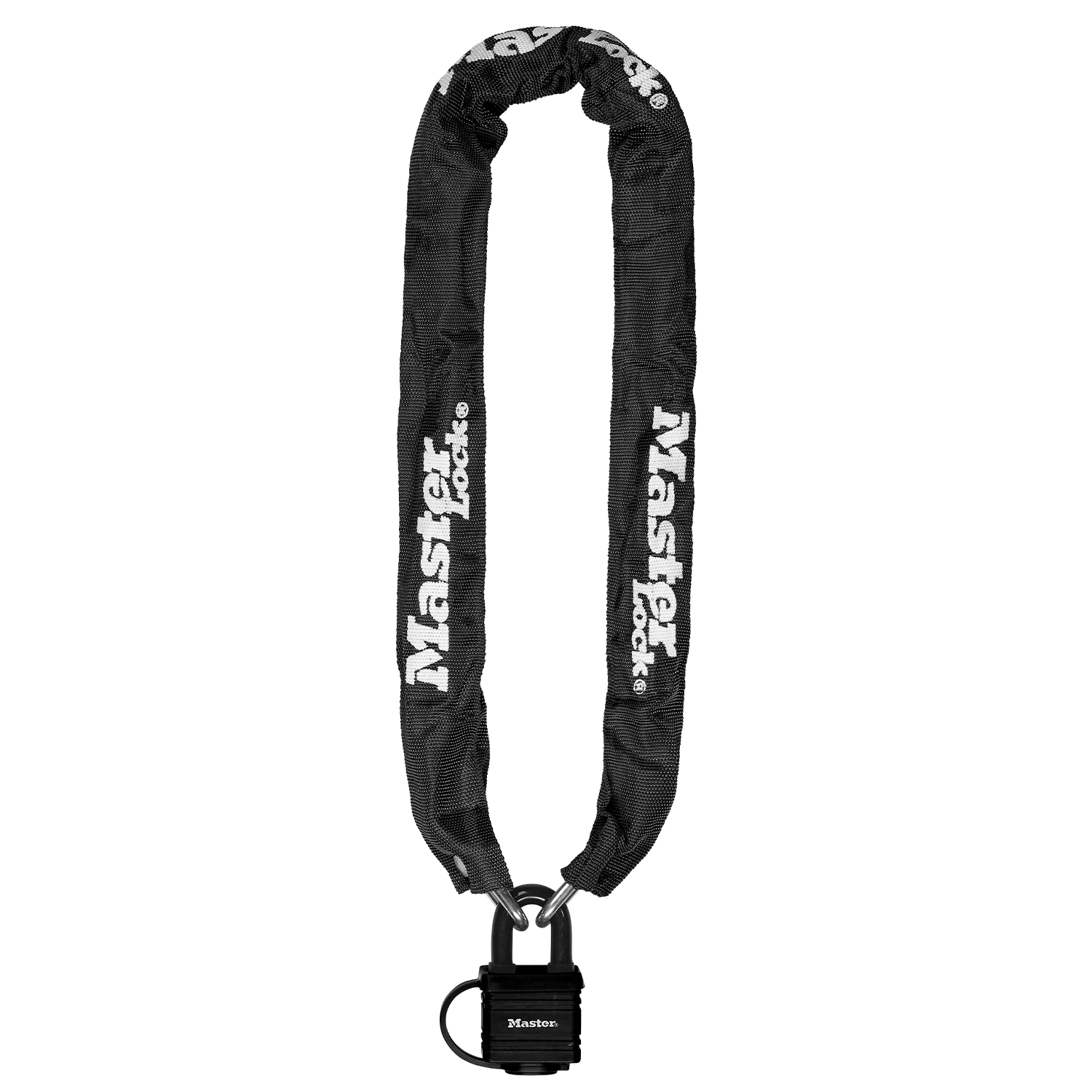 Una catena Master Lock nera con un lucchetto. La catena è ad anello e il logo Master Lock è visibile in bianco sulla catena.