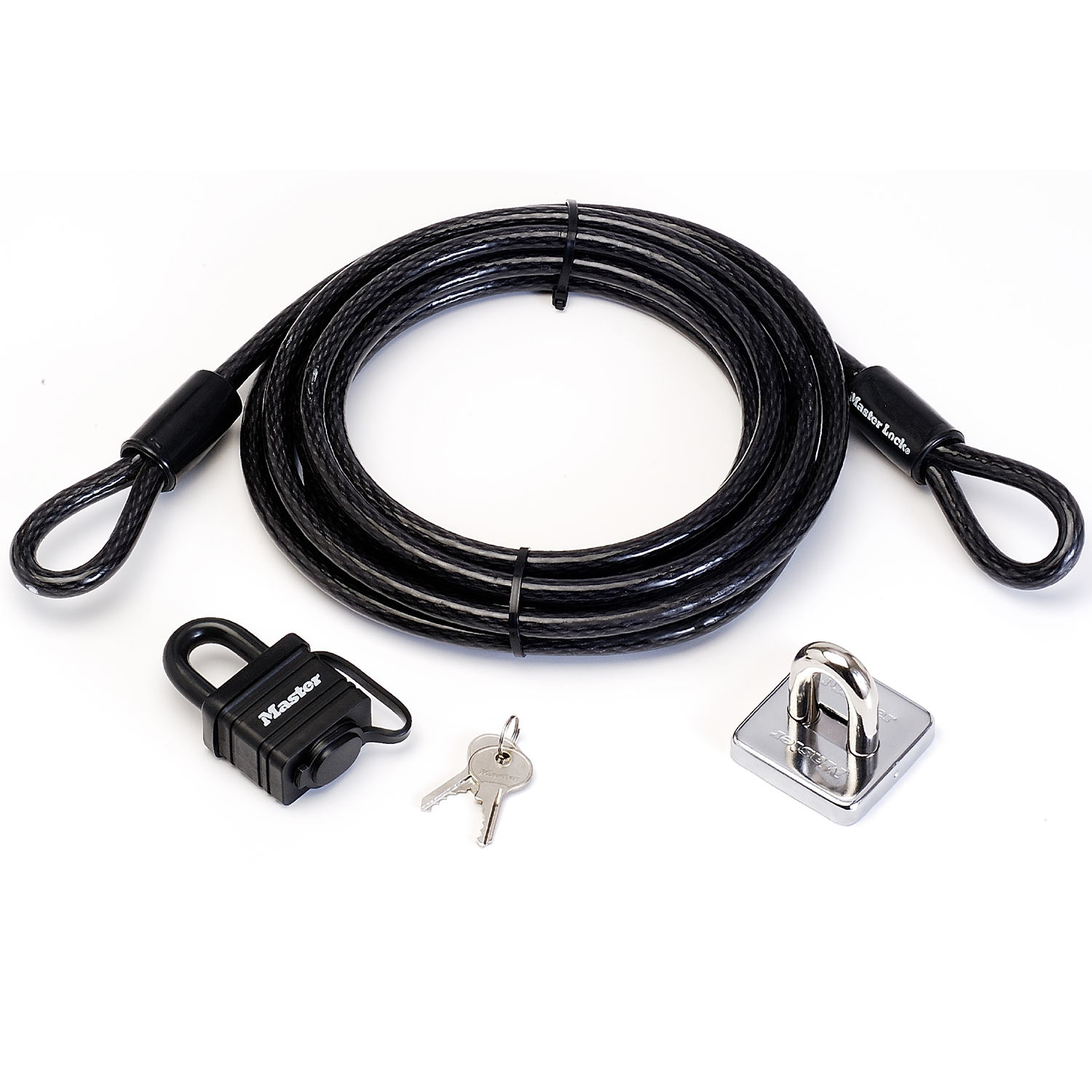 Cavo di sicurezza nero con lucchetto, chiavi e un quadrato di metallo argentato con anello su sfondo bianco. Marchio Master Lock.