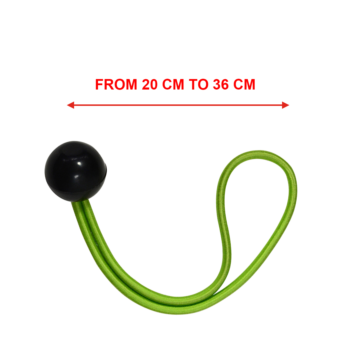 Un cavo elastico verde con una sfera nera a un'estremità. Il testo sopra recita: DA 20 CM A 36 CM. Lo sfondo è bianco.