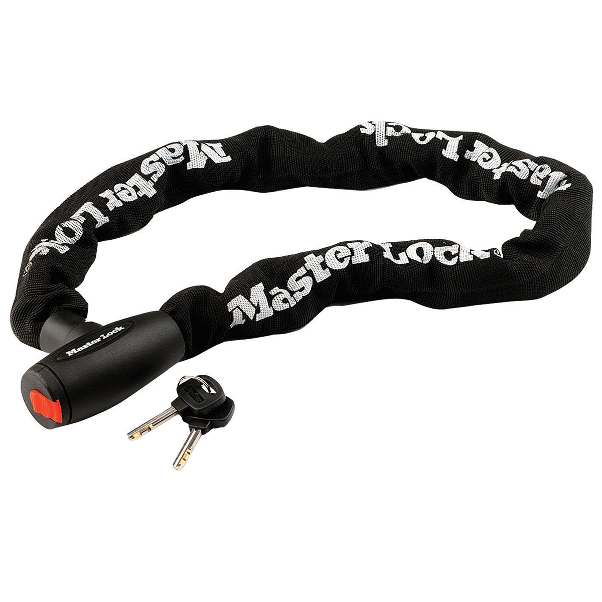 Una catena Master Lock nera con testo bianco, un lucchetto nero e due chiavi su sfondo bianco.