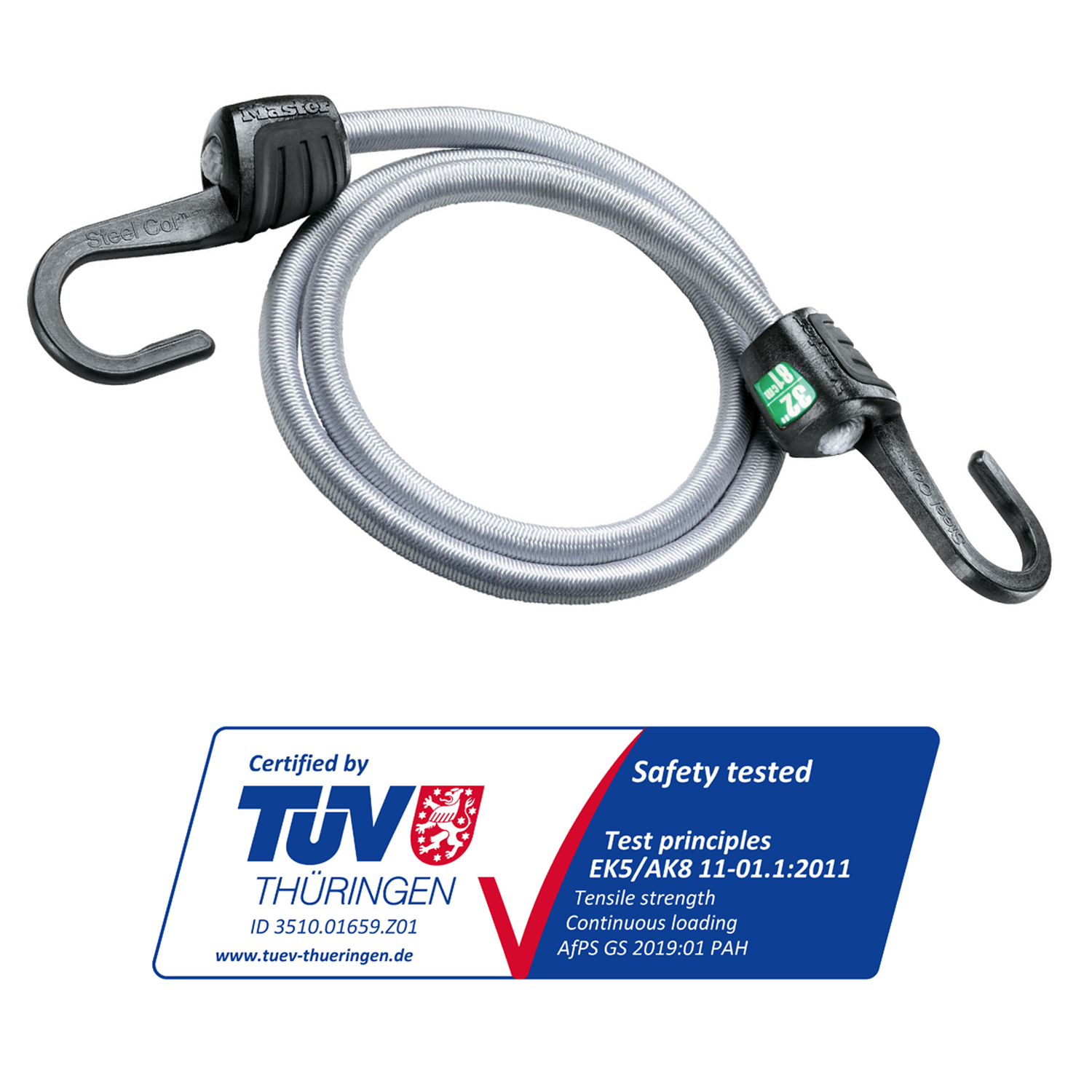 Un cavo elastico argentato con ganci e connettori neri. Un logo blu e bianco in basso, il cavo è arrotolato.