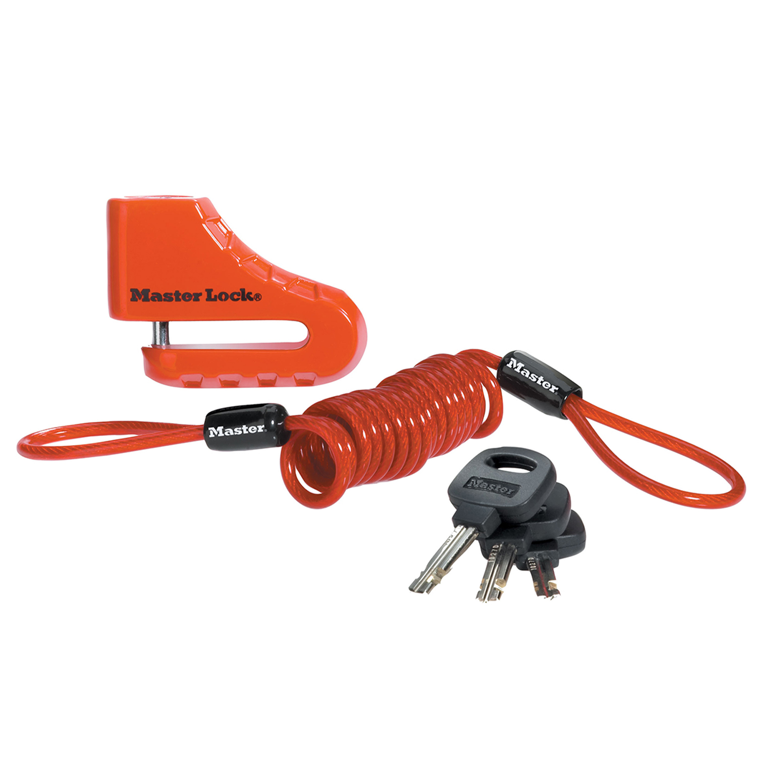 Un lucchetto a disco Master Lock arancione con cavo e chiavi. È presente anche un cavo rosso a spirale e tre chiavi.
