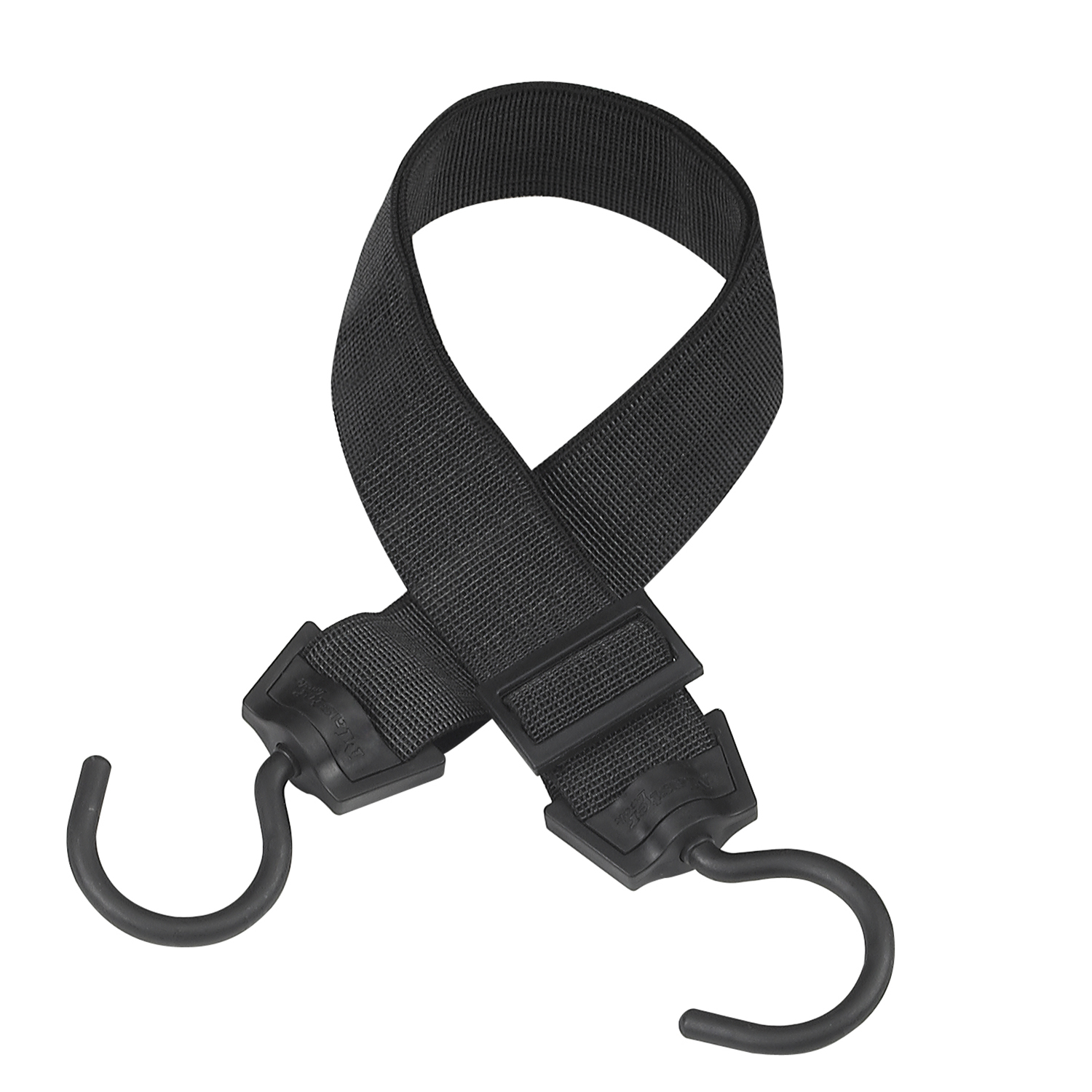 Cinturino nero con due ganci. Il cinturino è realizzato in materiale tessuto. I ganci sono curvi e realizzati in un materiale più scuro.