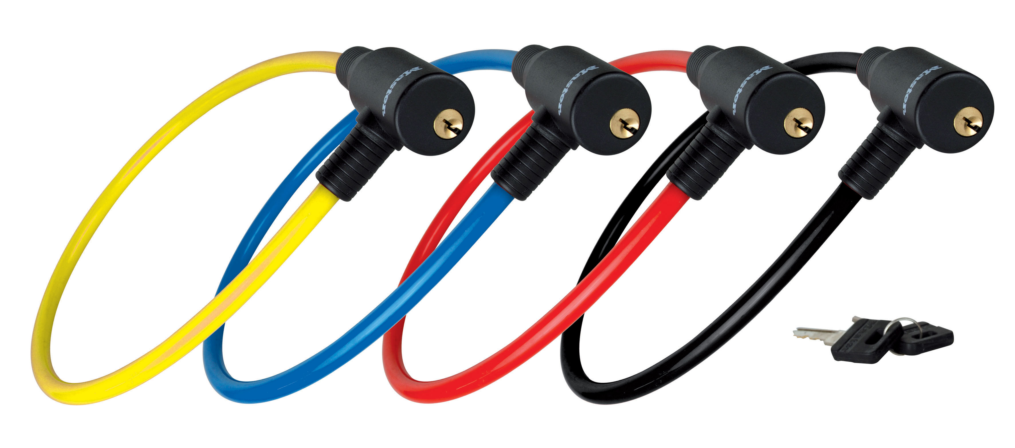 Quattro lucchetti per bici colorati, giallo, blu, rosso e nero, con chiavi. I lucchetti hanno corpi neri e il logo Master.