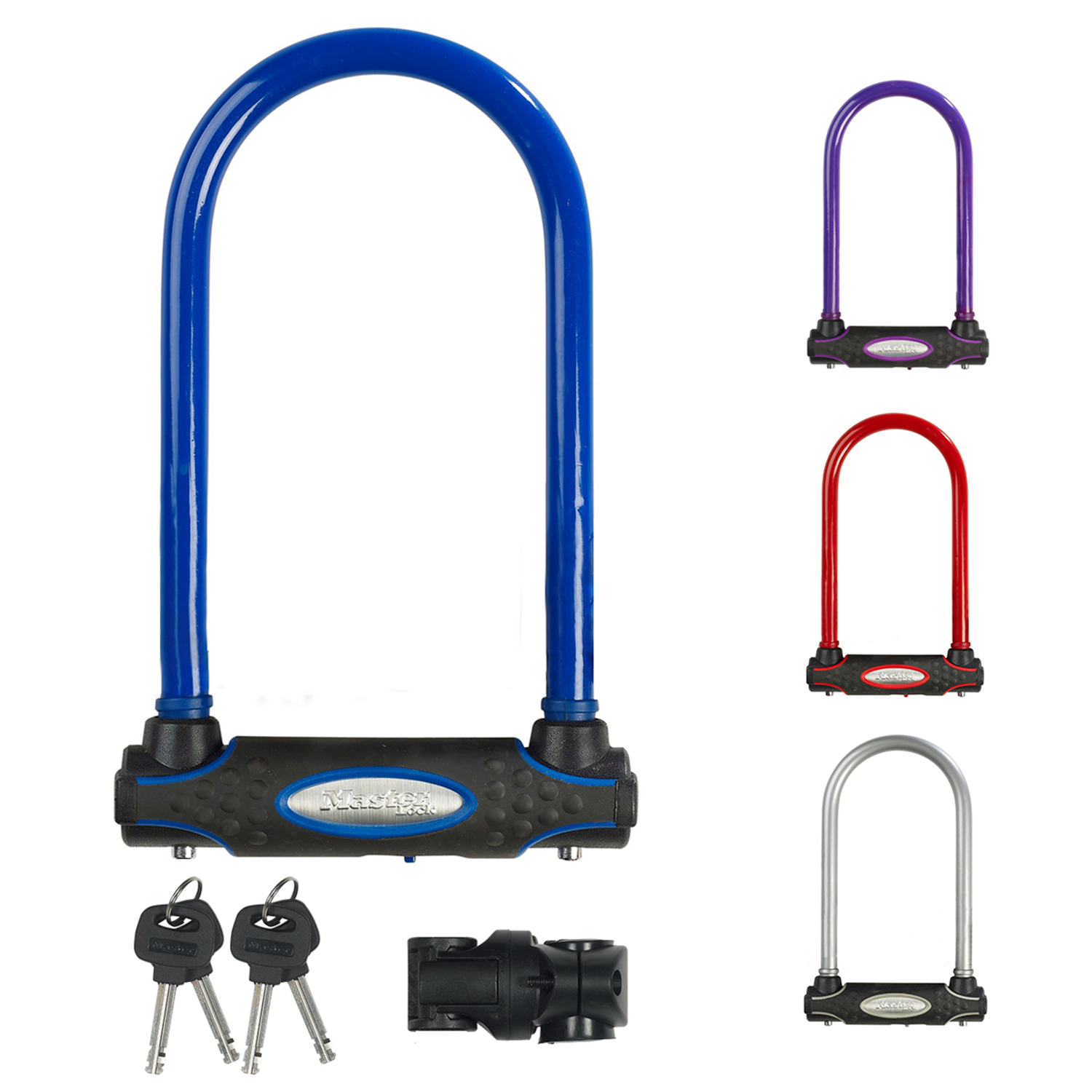 Un lucchetto a U blu con chiavi e accessori. Vengono visualizzati anche lucchetti a U viola, rossi e argentati.