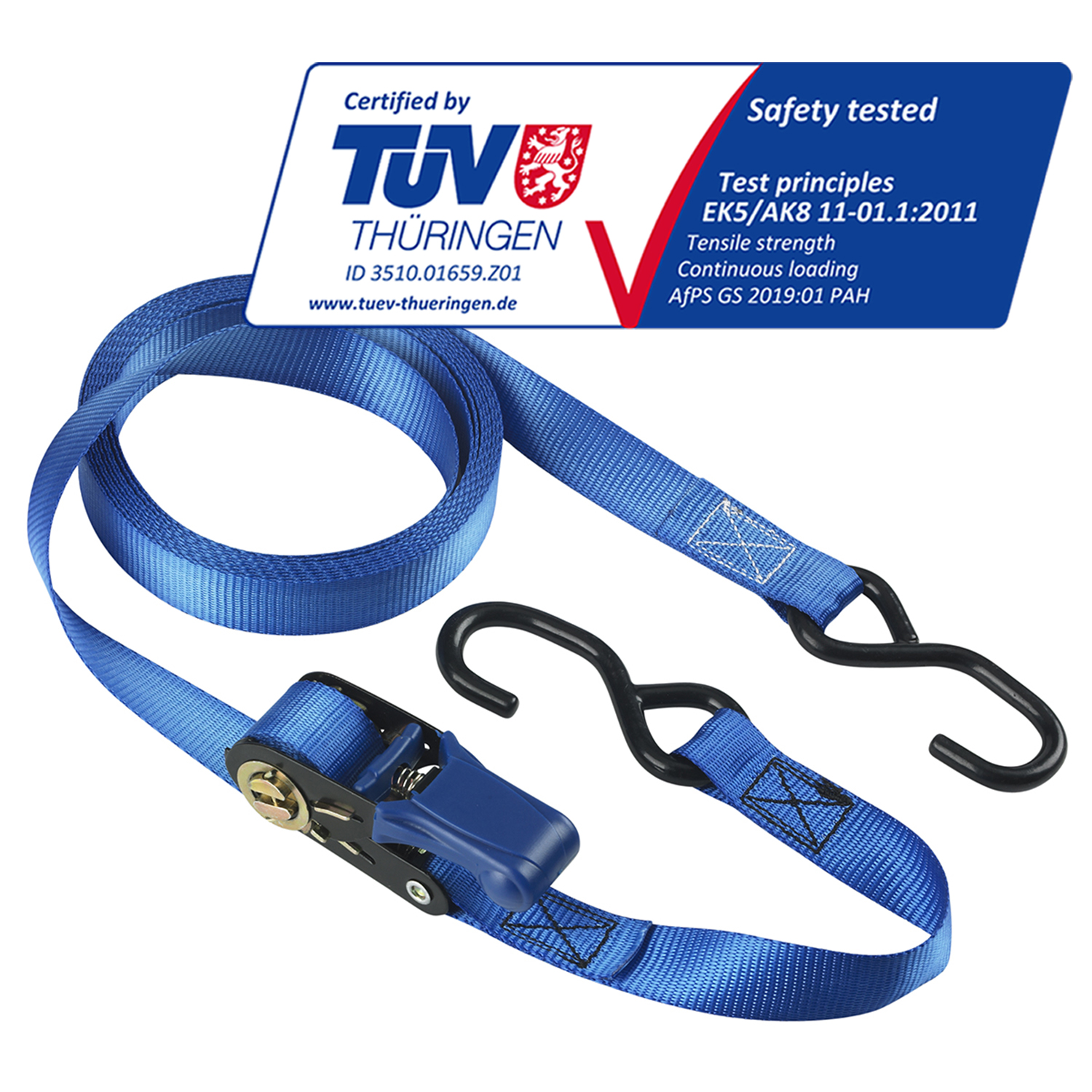 Cinturino a cricchetto blu con ganci neri e leva di rilascio blu, certificato da TUV Thüringen. Etichetta di sicurezza testata.