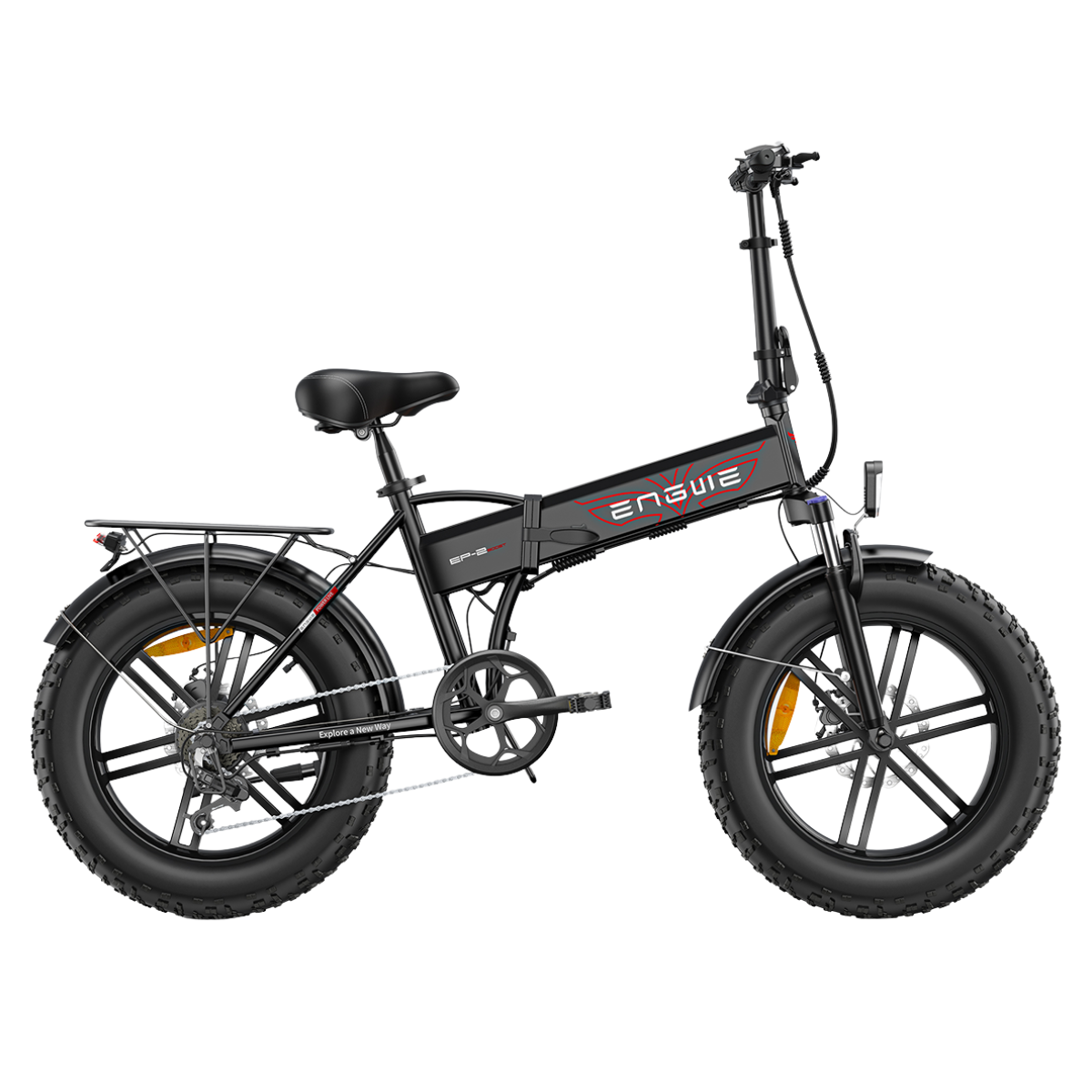 Una bici elettrica ENGWE EP-2 nera. Ha pneumatici larghi, un portapacchi e un telaio nero. Lo sfondo è bianco.