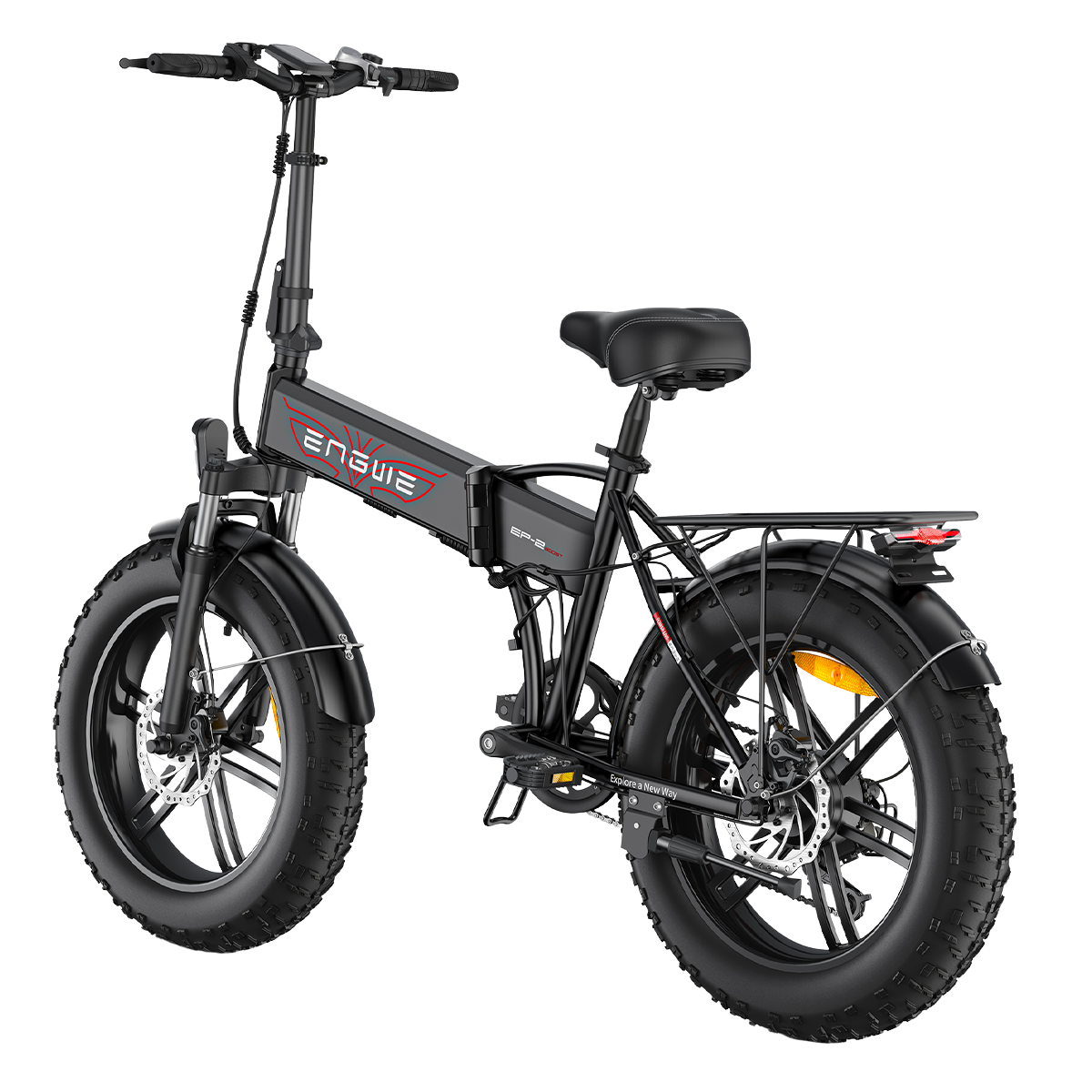 Bicicletta elettrica pieghevole nera. Presenta pneumatici spessi, portapacchi posteriore e batteria. Il marchio è visibile.