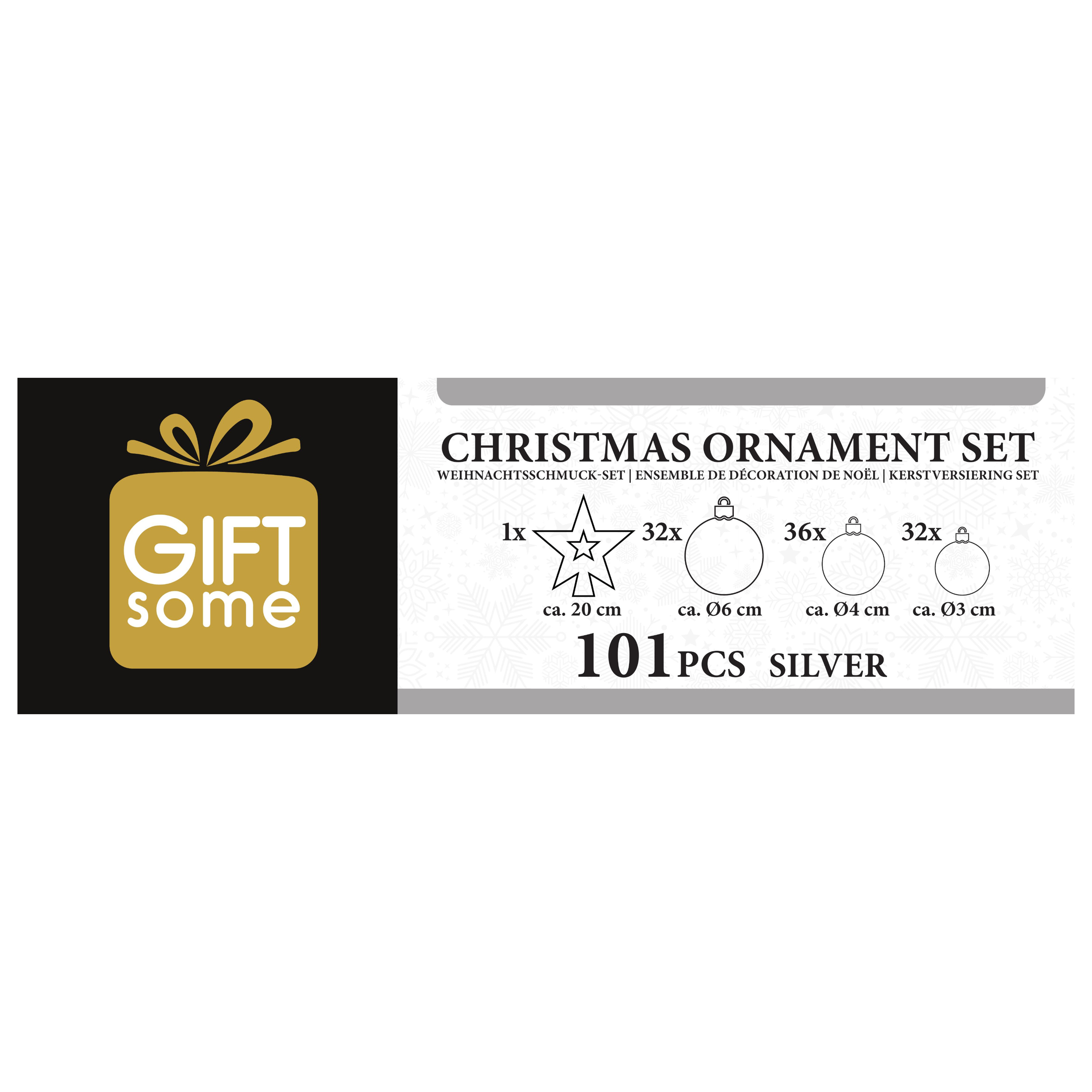 L'image présente un ensemble d'ornements de Noël avec du texte et des graphiques, dont un coffret cadeau et des ornements.
