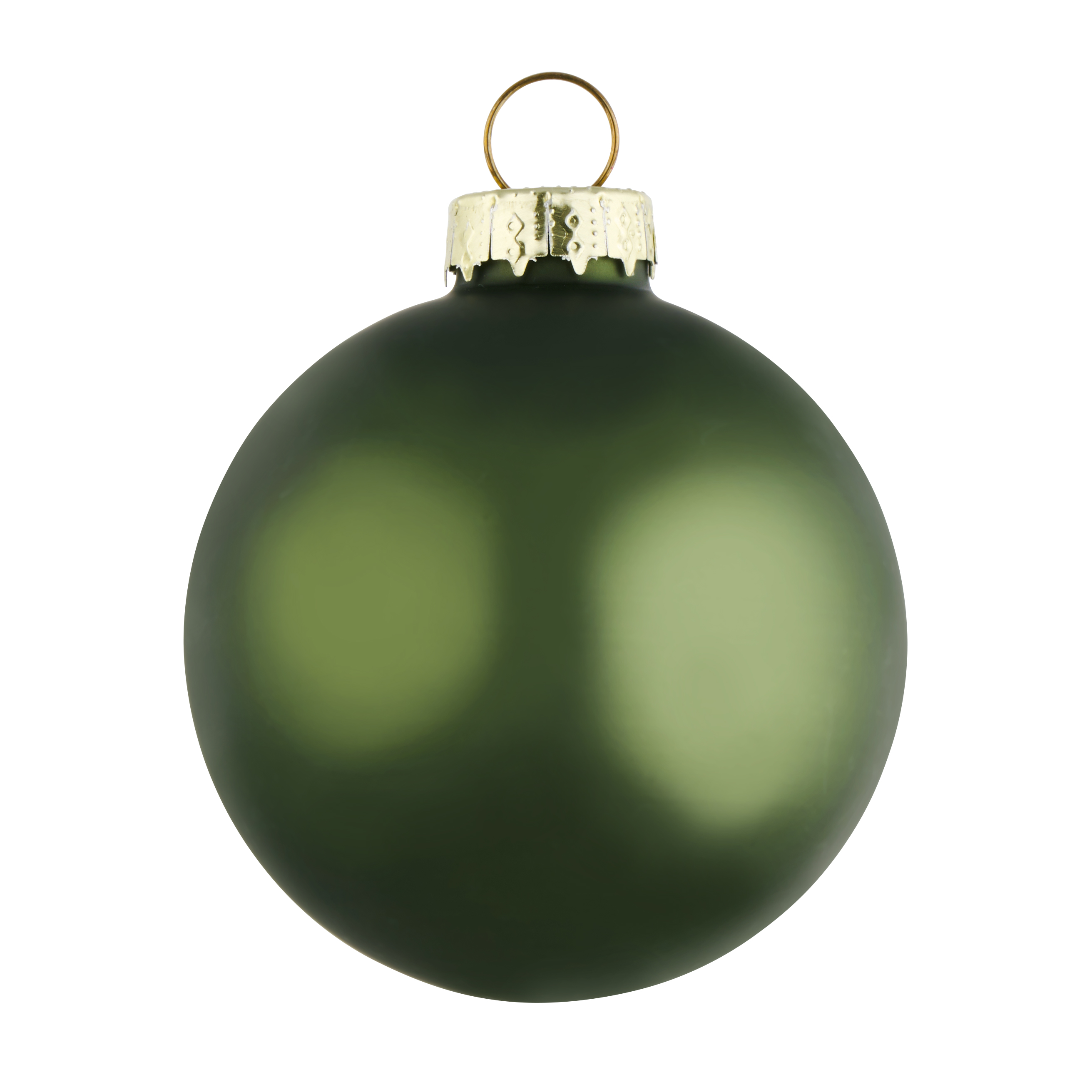 Une boule de Noël verte avec une boucle dorée pour l'accrocher. Le fond est blanc. Elle est ronde.