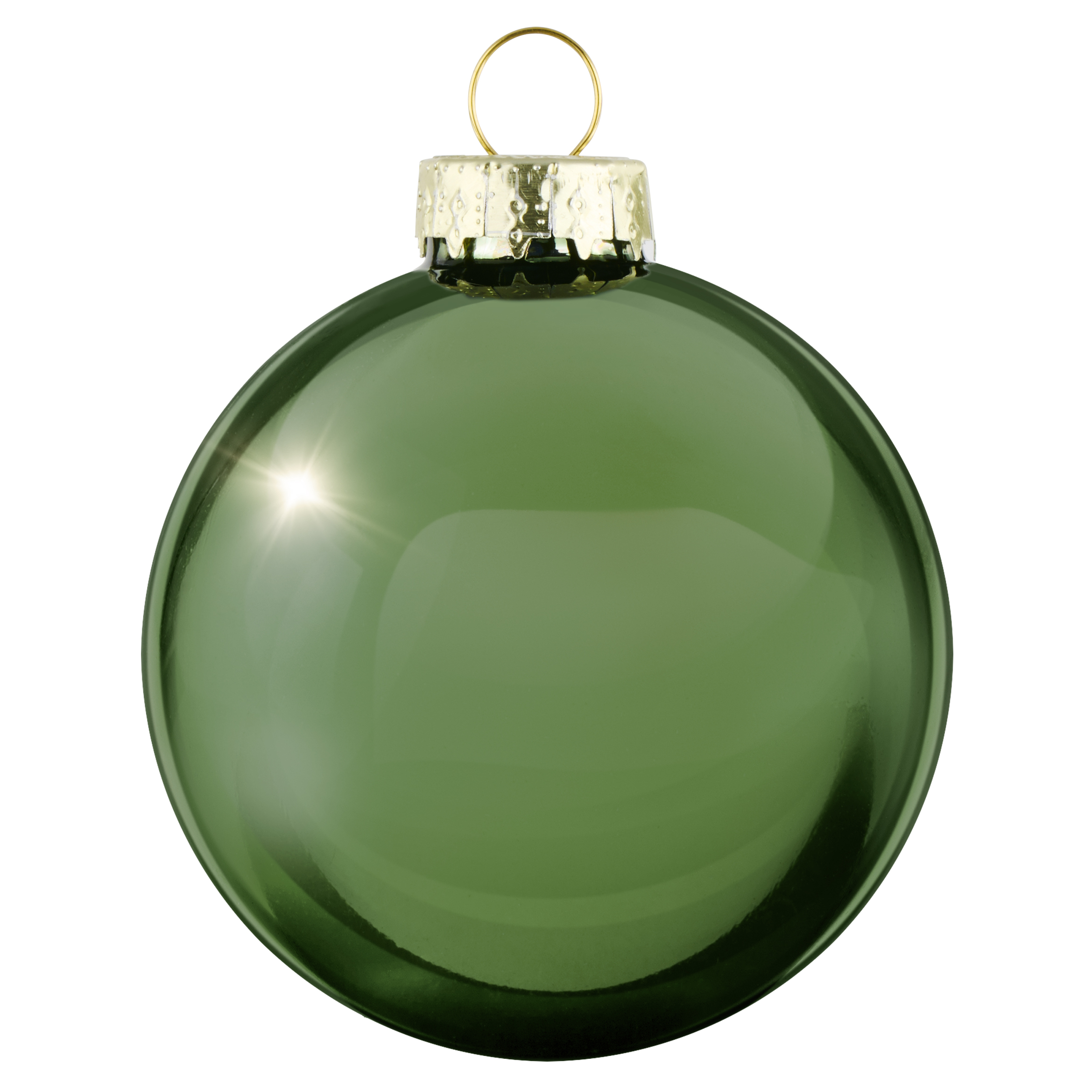 Une boule de Noël verte avec un capuchon et une attache dorés. Elle a une surface brillante.
