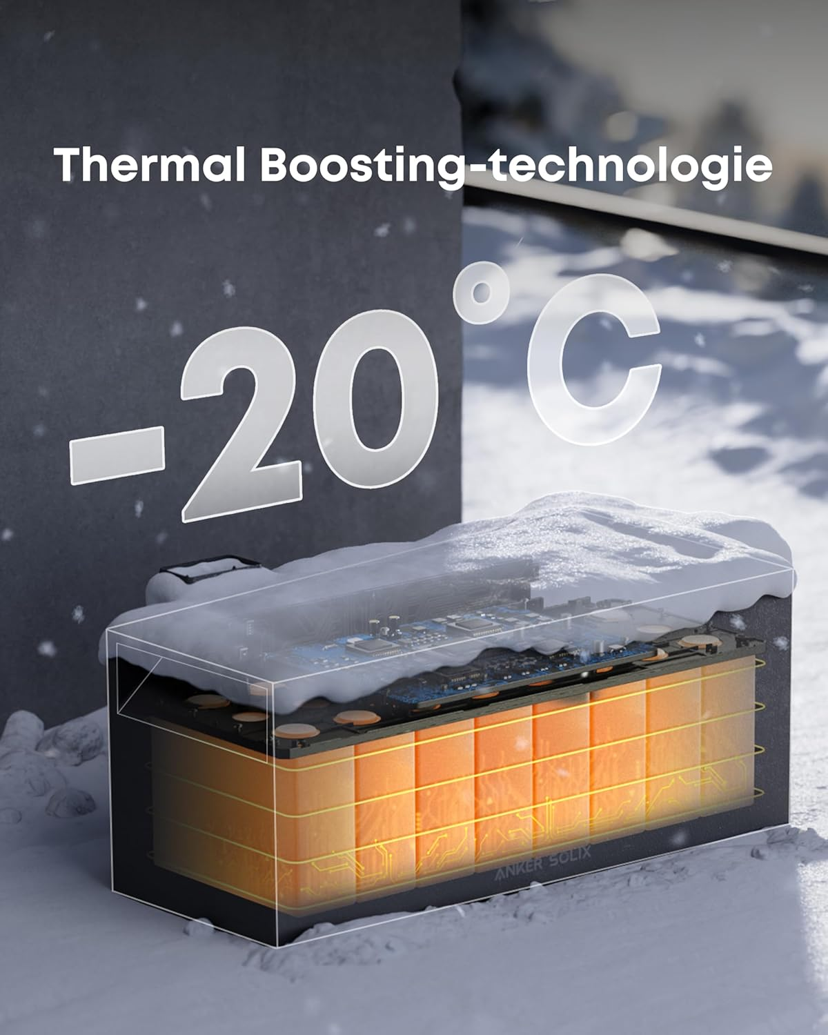 Illustratie van een batterijpack bedekt met sneeuw, met interne componenten. Temperatuur: -20°C. Tekst: Thermal Boosting-technologie.