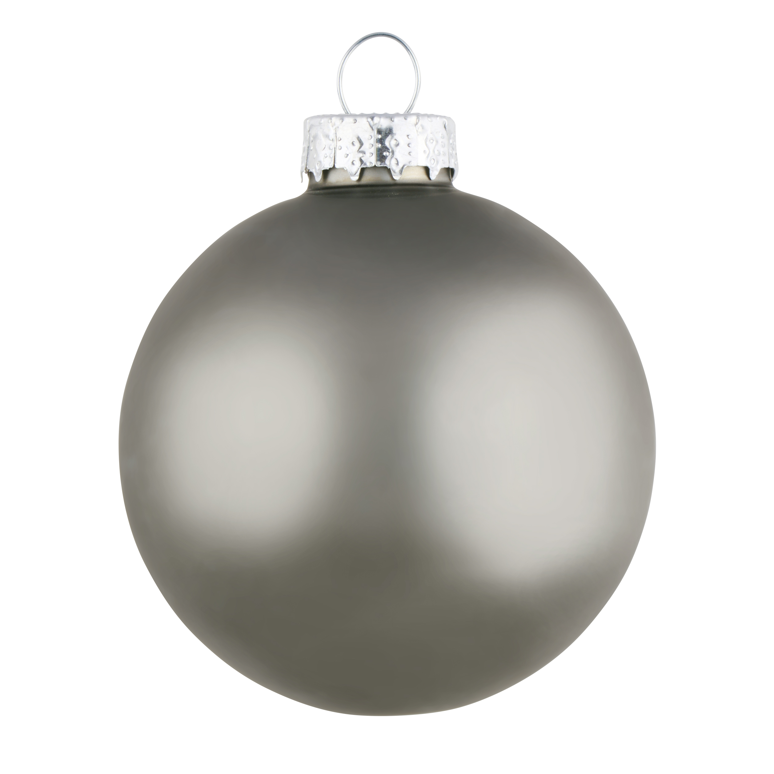 Boule de Noël grise avec un dessus argenté et une petite boucle en métal pour suspendre, sur fond blanc.