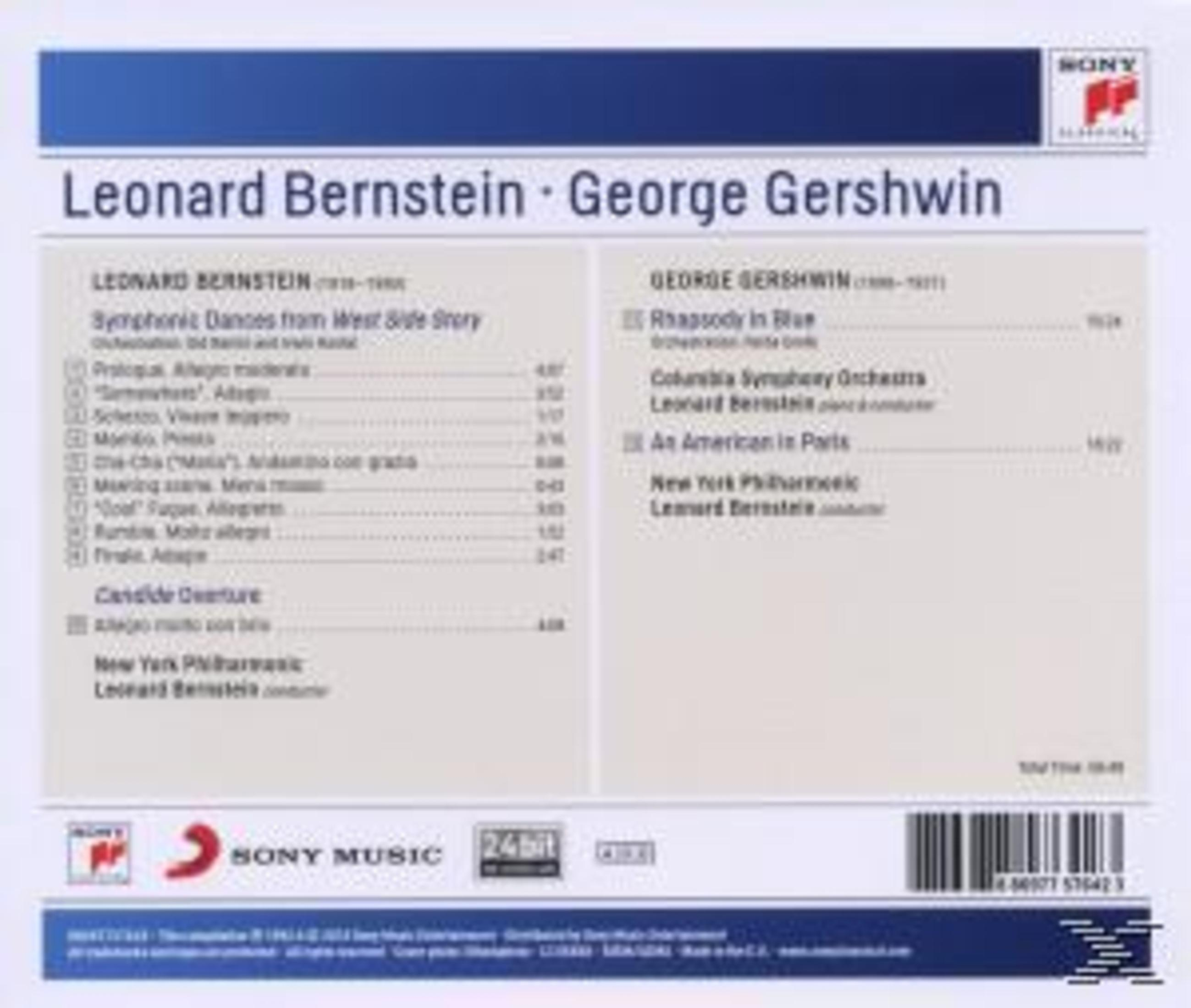 CD-Cover. Titel: Leonard Bernstein & George Gershwin. Enthält eine Liste von Musikstücken und Künstlernamen.