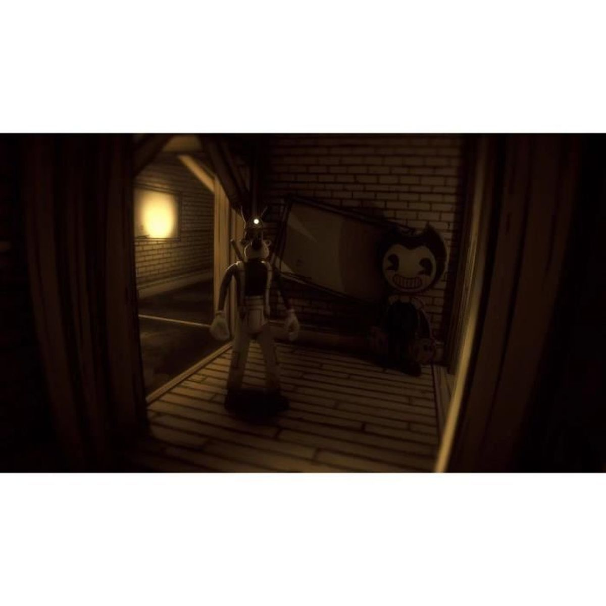 Postacie z kreskówek w słabo oświetlonym pomieszczeniu. Wilkopodobna postać stoi z przodu, a uśmiechnięta diaboliczna kreskówka spoczywa z tyłu.