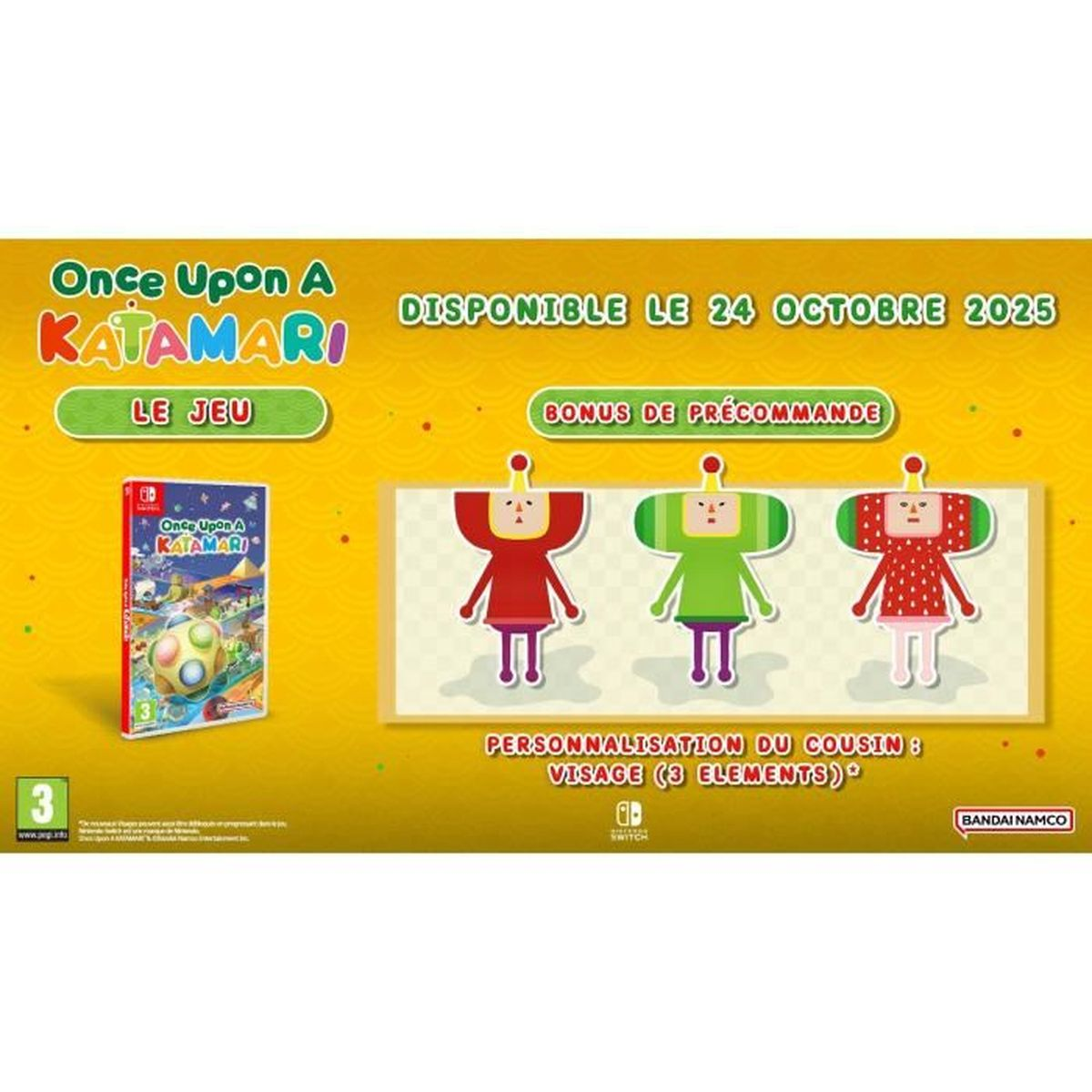 Reklama gry 'Once Upon A Katamari'. Zawiera pudełko z grą, postacie i datę premiery: 24 października 2025 r. Oferuje bonus za zamówienie przedpremierowe.