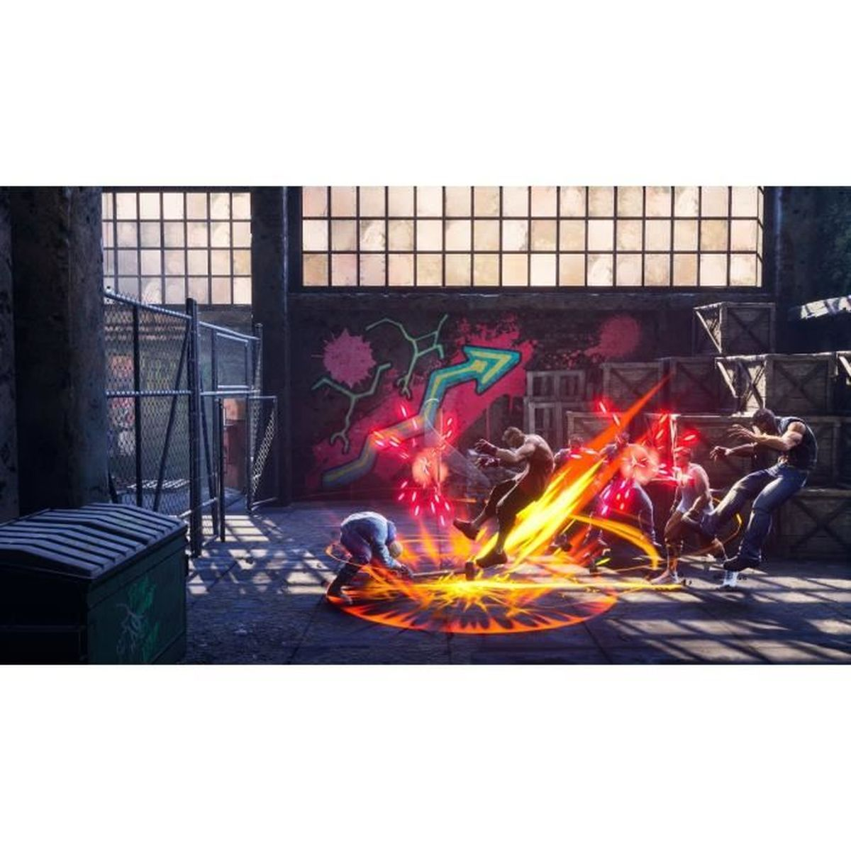 Grupa ludzi walczy w otoczeniu przemysłowym. Widoczne efekty energii i graffiti. Jedna osoba leży na ziemi.