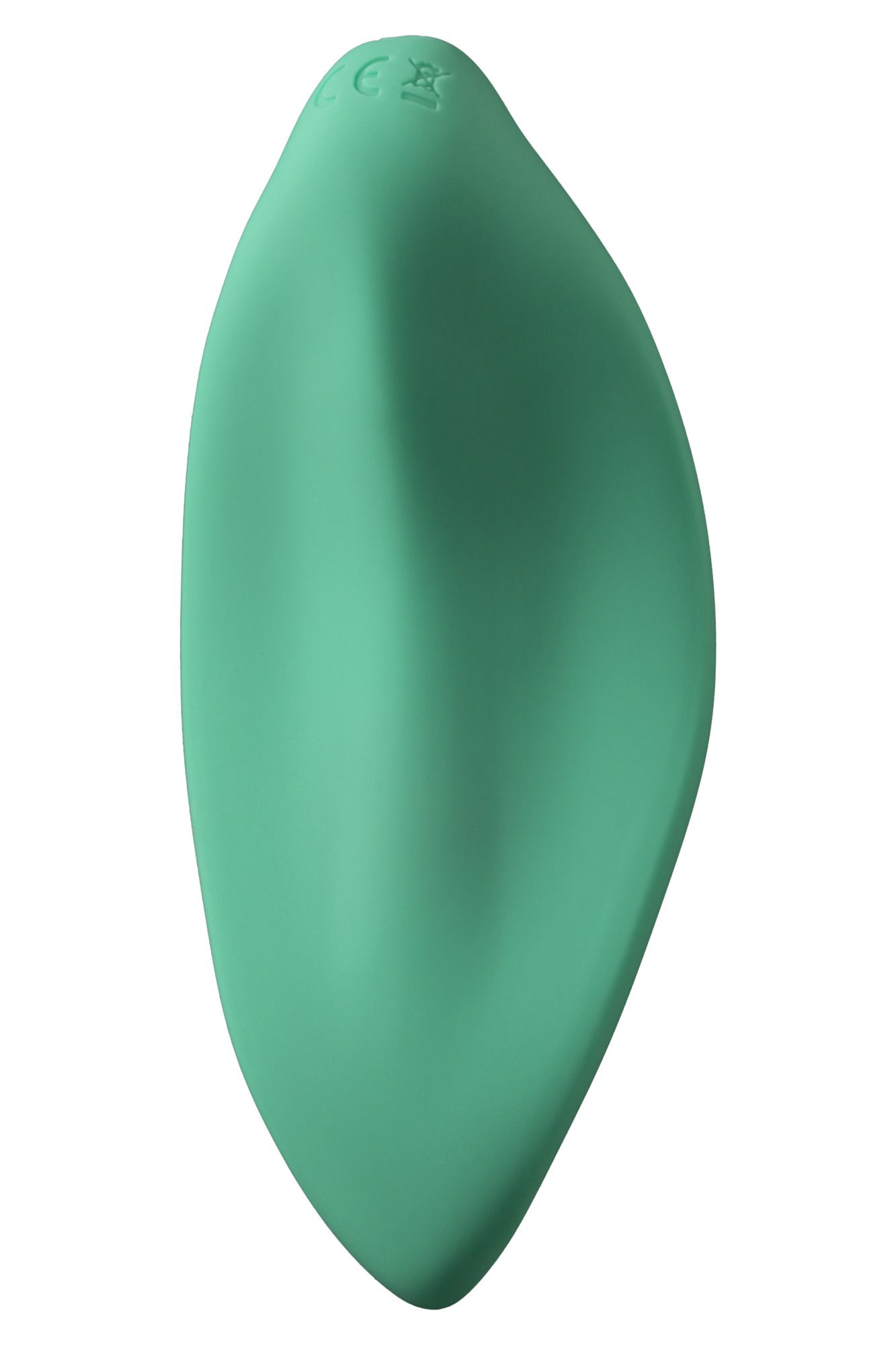 Un objeto verde menta en forma de lágrima sobre un fondo blanco. Tiene bordes redondeados y símbolos en la parte superior.