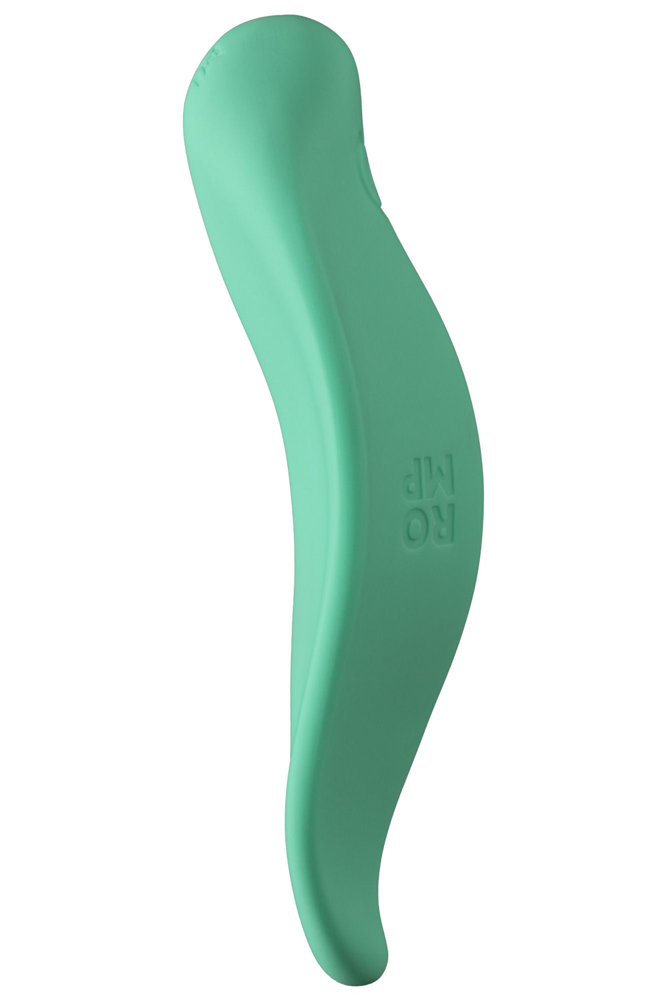 Un juguete sexual curvo de color verde azulado está aislado sobre un fondo blanco. Tiene una parte superior redondeada y un diseño ergonómico y suave.