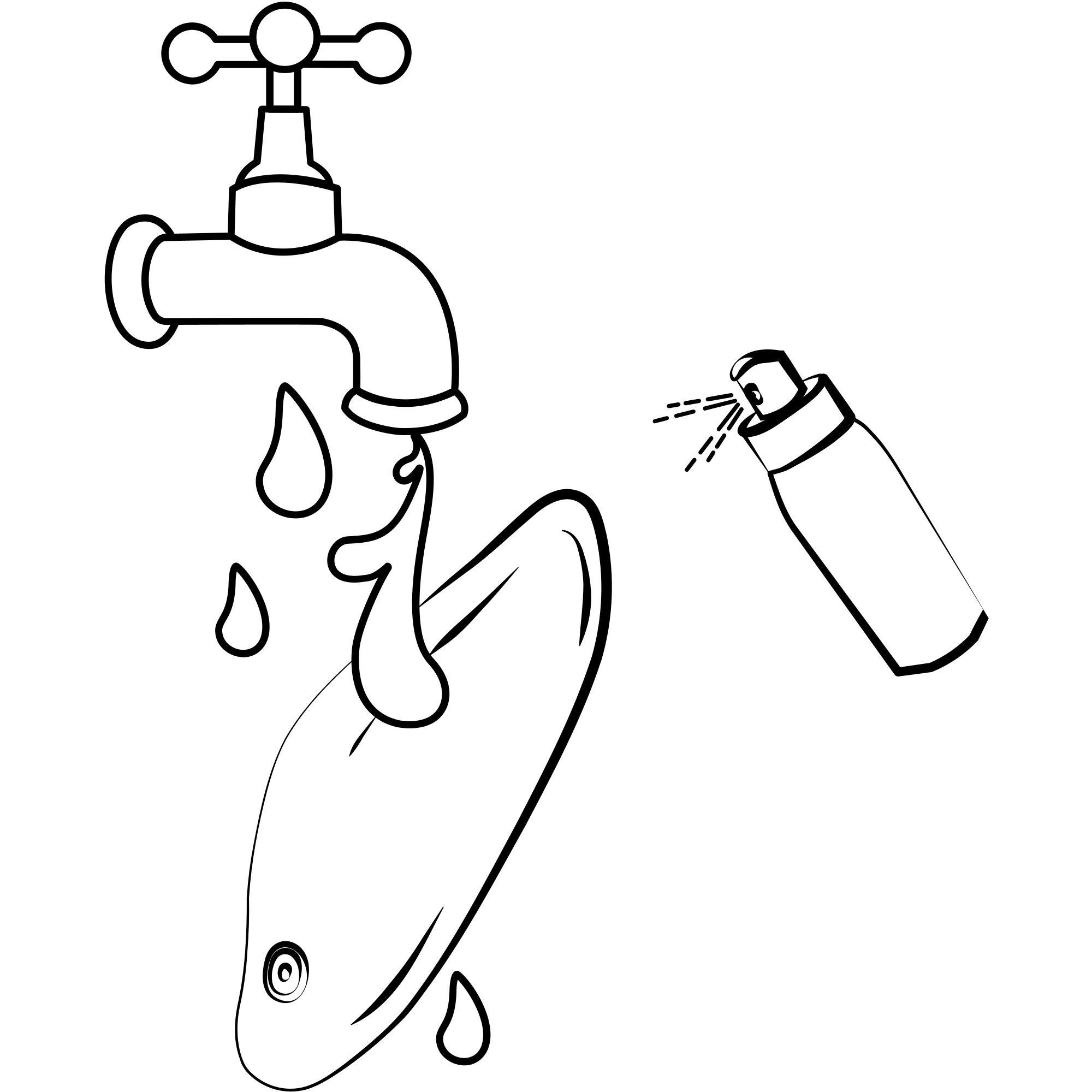 Dibujo de contorno negro. Un grifo con gotas de agua, un pez y un pulverizador sobre un fondo blanco.