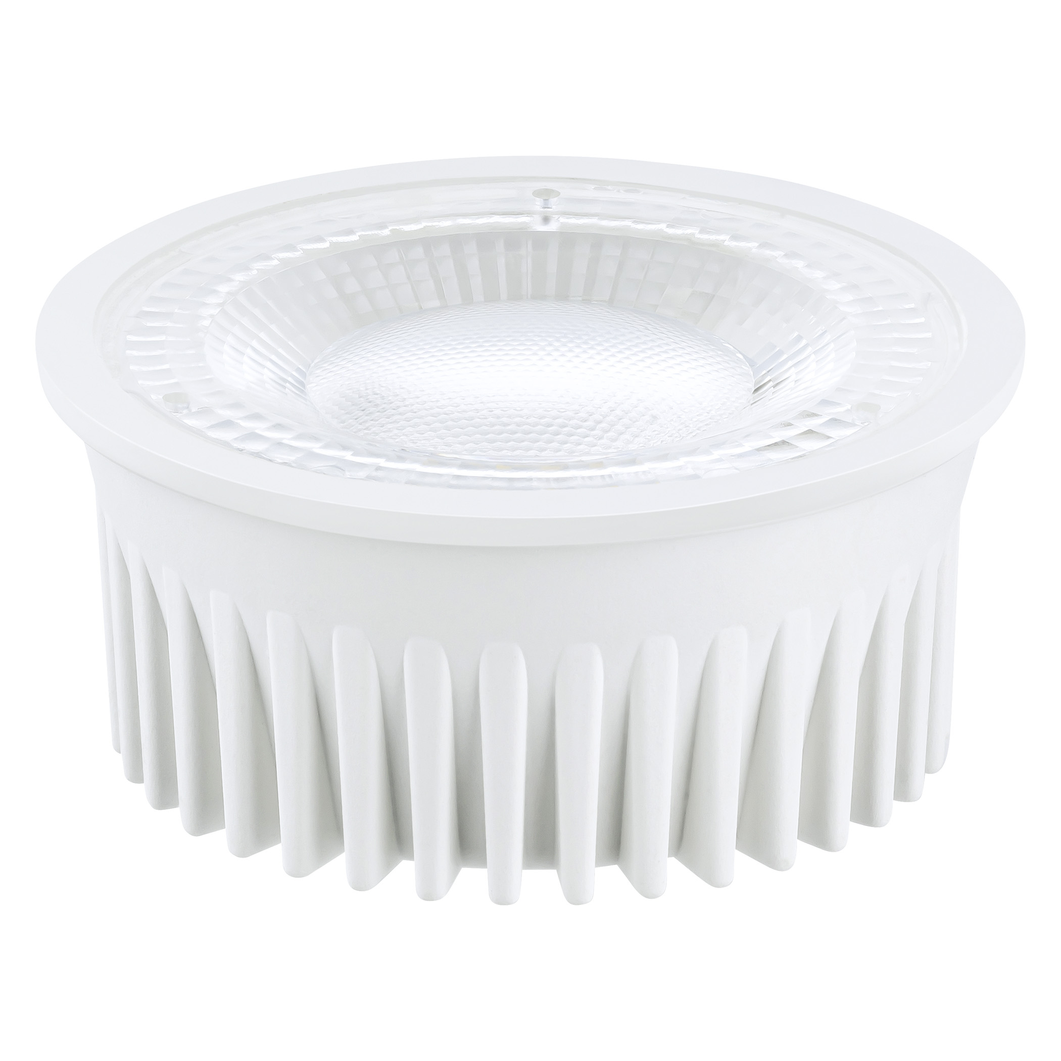 Eine weiße LED-Einbauleuchte. Es hat ein kreisförmiges Design und gerippte Lamellen.