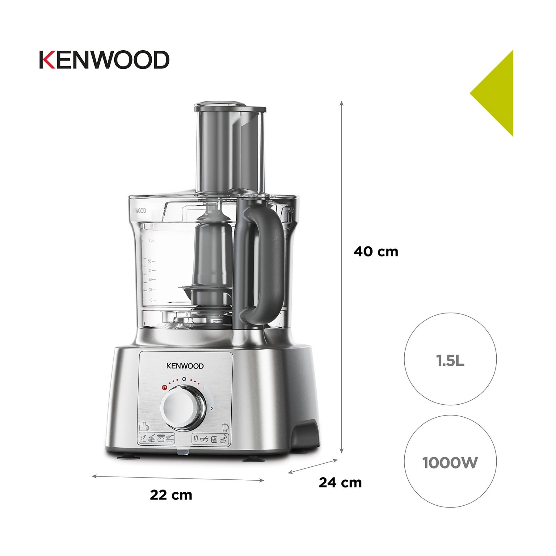 Un procesador de alimentos Kenwood. Es plateado con un recipiente de plástico transparente. Dimensiones: 22x24x40 cm. Características: 1,5L y 1000W.
