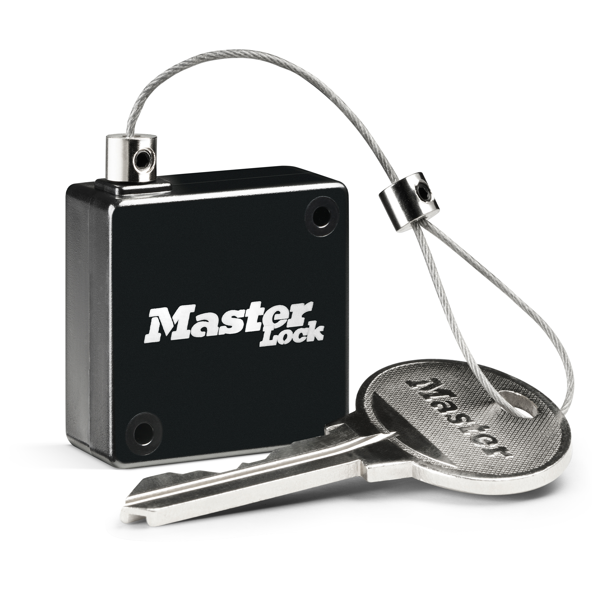 Un dispositivo di sicurezza Master Lock nero con chiave, cavo argentato e sfondo bianco.