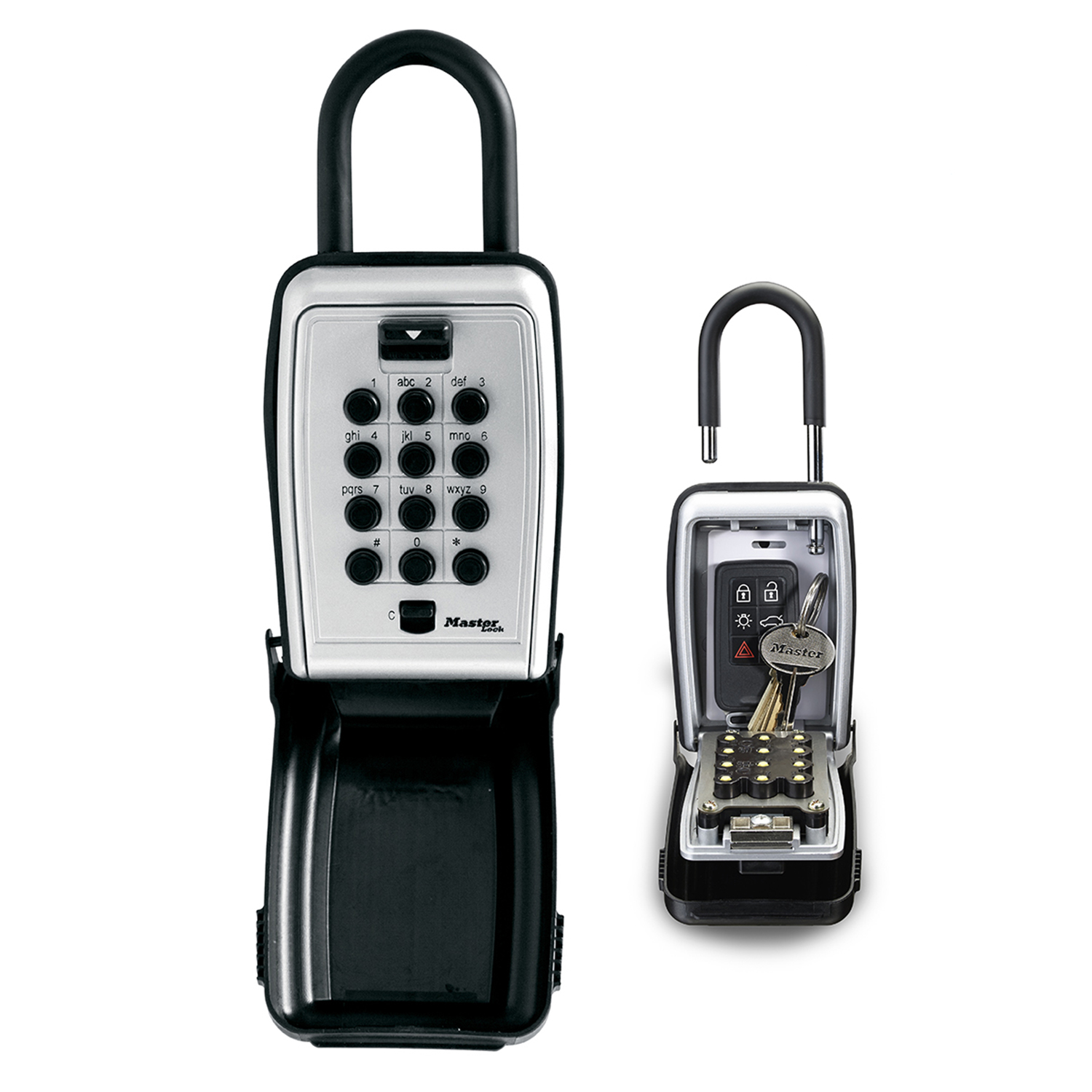 Due contenitori per chiavi Master Lock. Uno chiuso, l'altro aperto che mostra le chiavi. Entrambi hanno tastiere numeriche e maniglie nere.