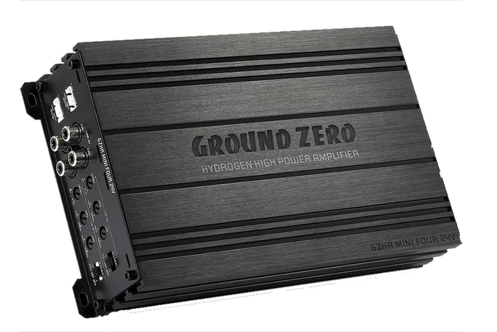 Ein schwarzer Ground Zero Verstärker. Es steht 'Ground Zero Hydrogen High Power Amplifier'. Er hat mehrere Ein- und Ausgänge.
