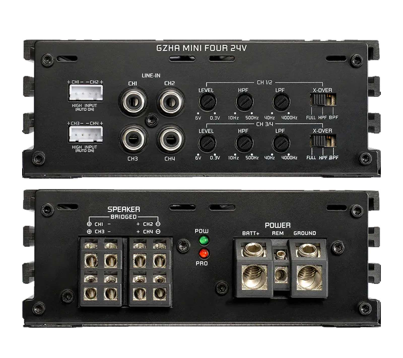 Schwarzer Audioverstärker mit verschiedenen Ein-/Ausgangsanschlüssen und Bedienknöpfen. Beschriftet mit GZHA MINI FOUR 24V.