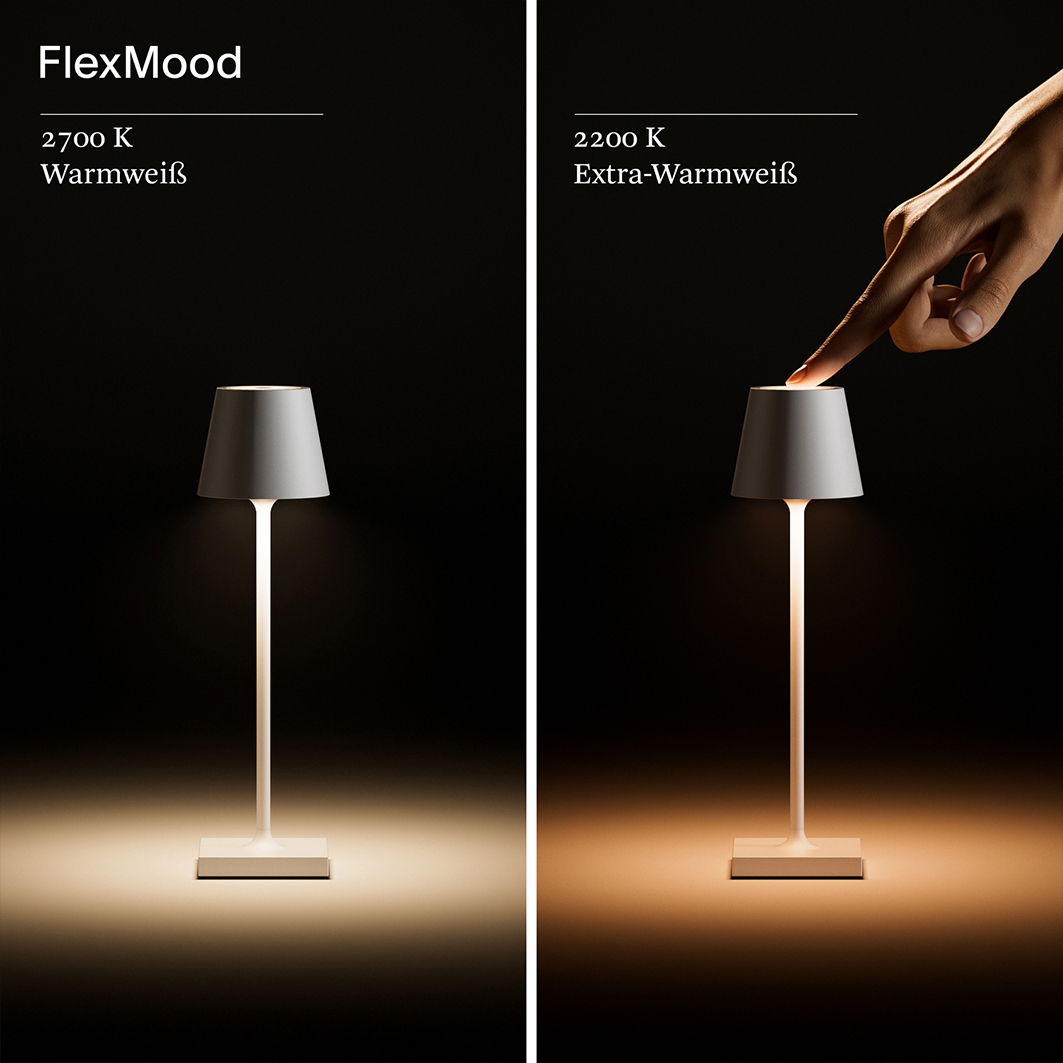 Zwei Lampen werden gezeigt. Eine leuchtet warmweiß, die andere extra-warmweiß. Eine Hand berührt die zweite Lampe.