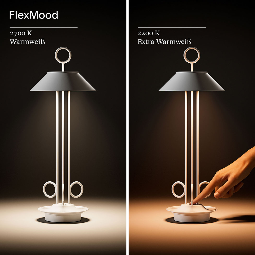 Eine moderne Lampe mit grauem Schirm. Eine Hand berührt den Knopf. Links weißes Licht, rechts warmer Schein.