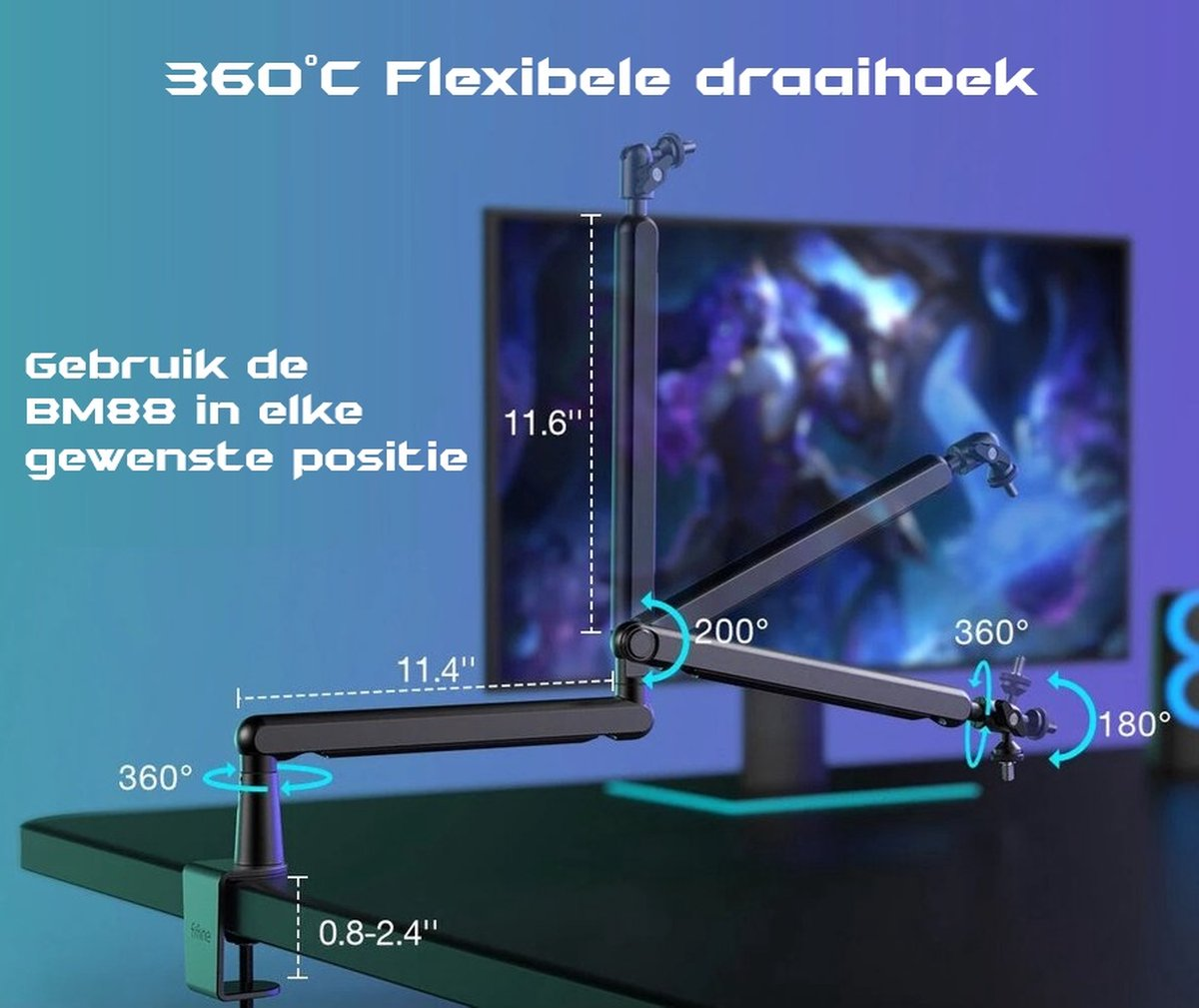 Un bras de moniteur est présenté, avec des mesures et des degrés de rotation. Texte en néerlandais décrit la flexibilité et l'utilisation.
