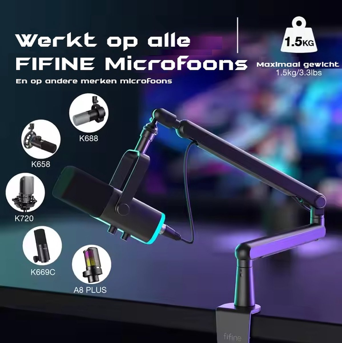 Un microphone Fifine noir sur pied. Au-dessus, des images de différents microphones. Le texte indique qu'il fonctionne avec Fifine et d'autres marques.