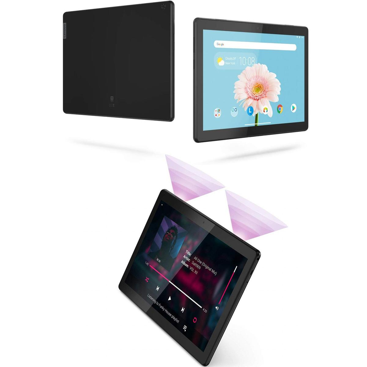 Drei Tablets zeigen unterschiedliche Inhalte. Eines zeigt die Rückseite, ein anderes eine Wetter-App, und das letzte spielt Musik.