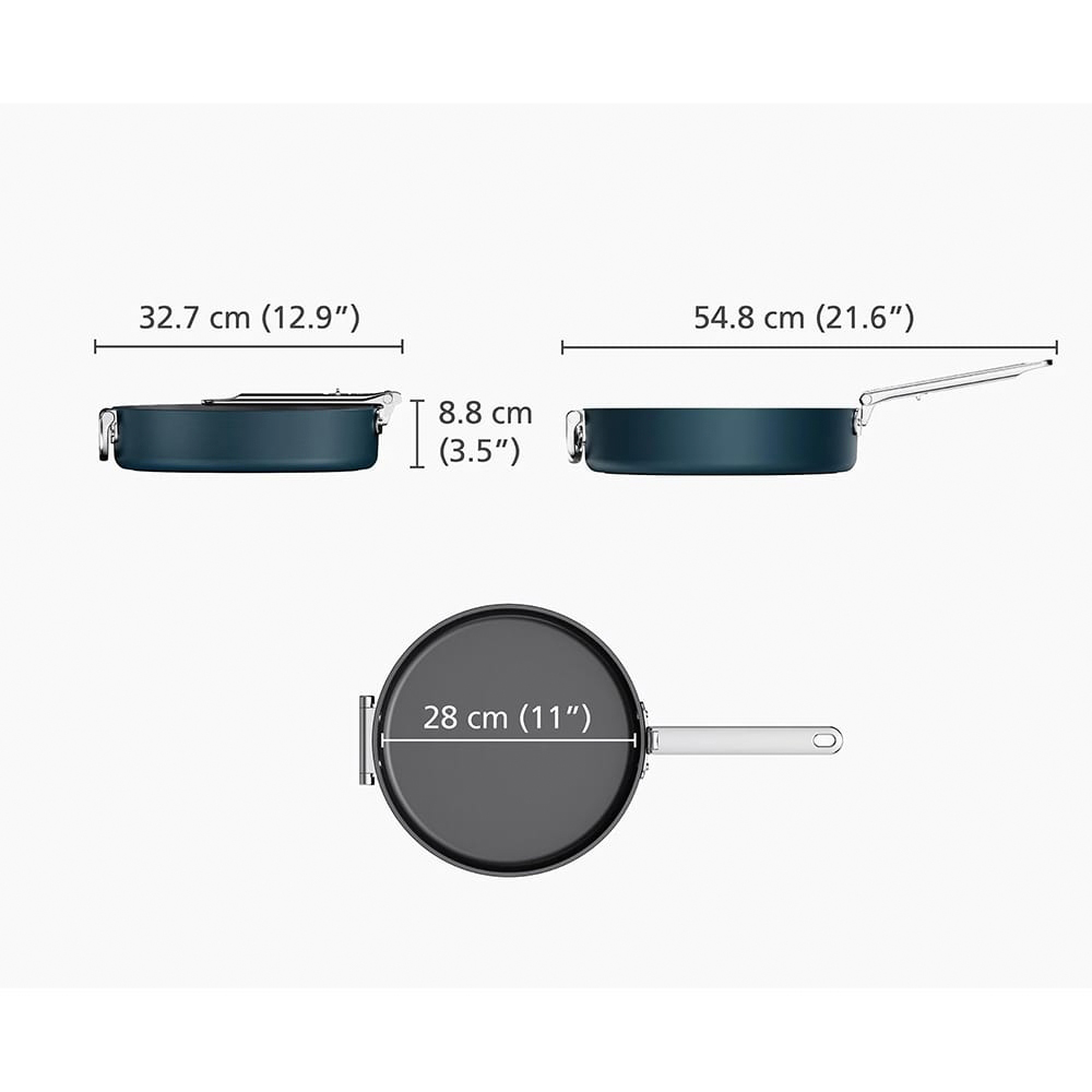 Beyaz bir arka plan üzerinde üç tava görüntüleniyor. Her tava için ölçüler verilmiştir: 32,7 cm, 54,8 cm ve 28 cm. Tavalar koyu mavidir.