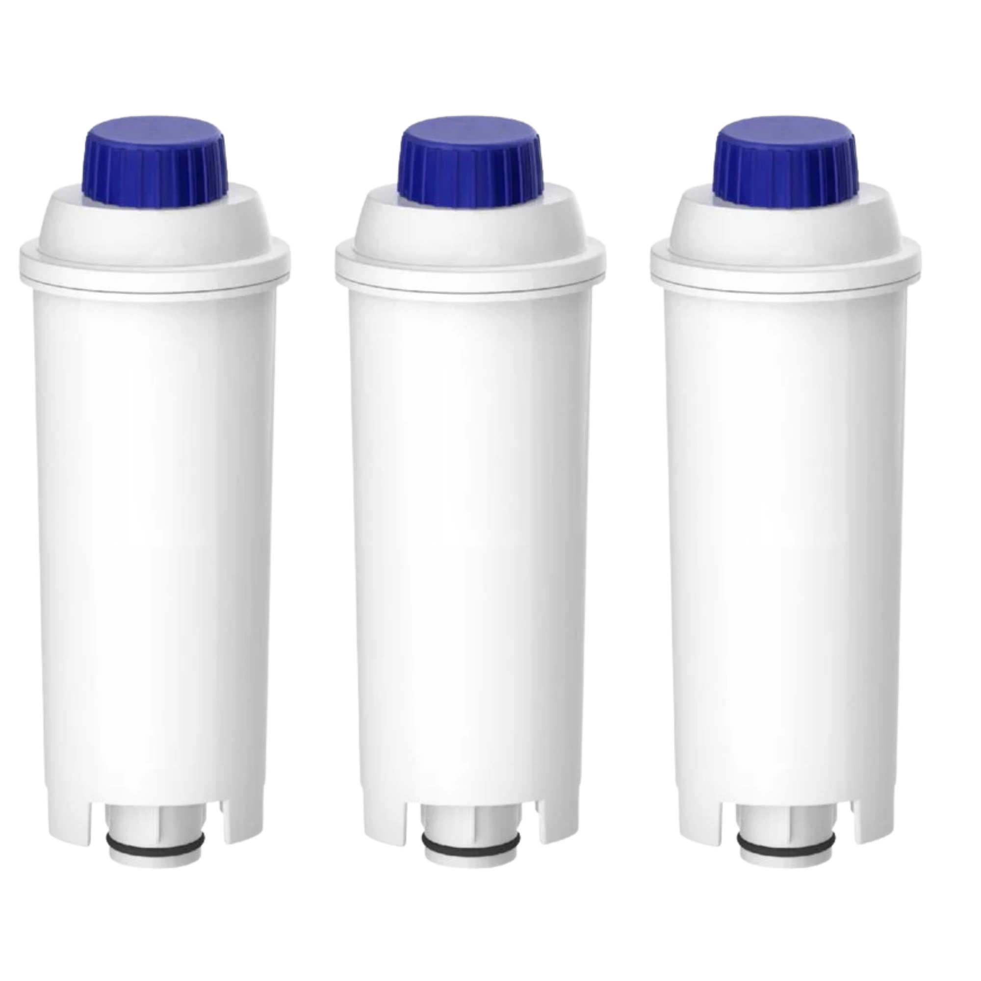 Drie witte waterfilters met blauwe doppen. Ze zijn cilindrisch en staan rechtop tegen een witte achtergrond.