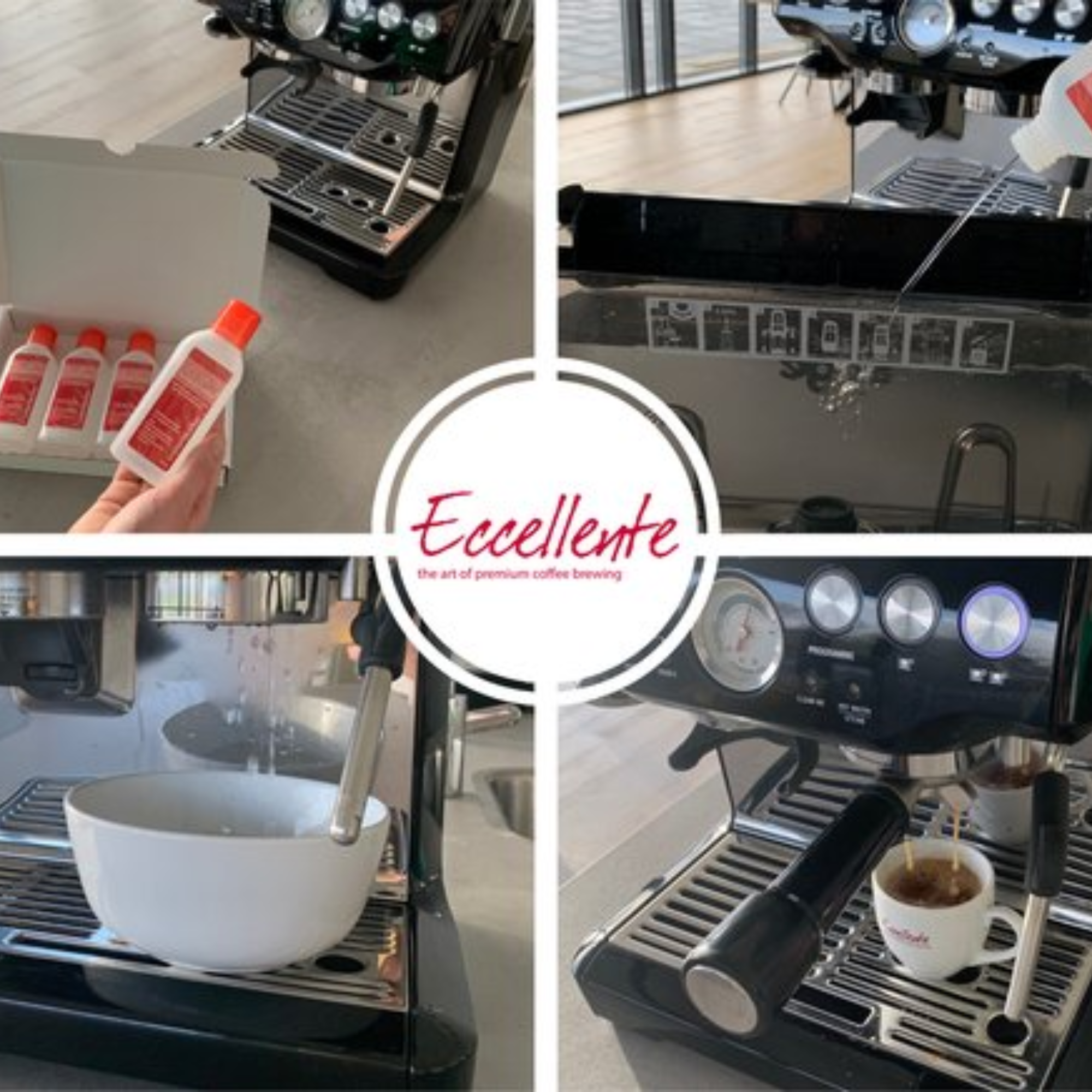 Een koffiemachine met reinigingsflessen, water dat wordt gegoten, een kom en koffie die in een mok wordt geschonken.