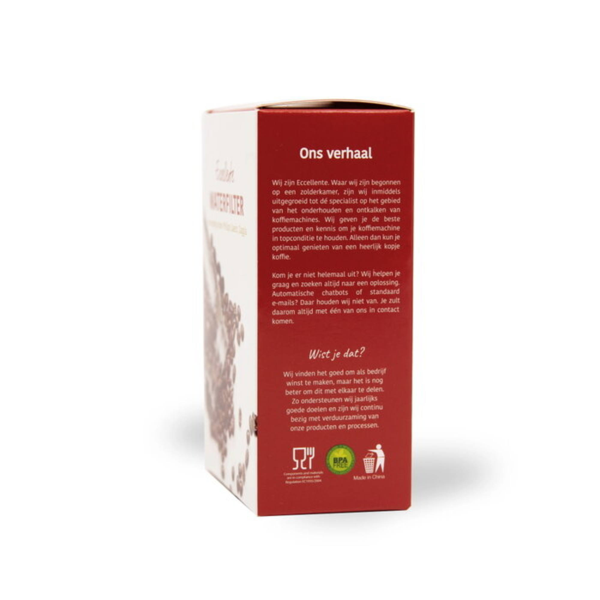 Box with text about coffee machine maintenance, red background, white text. Coffee beans on the left.